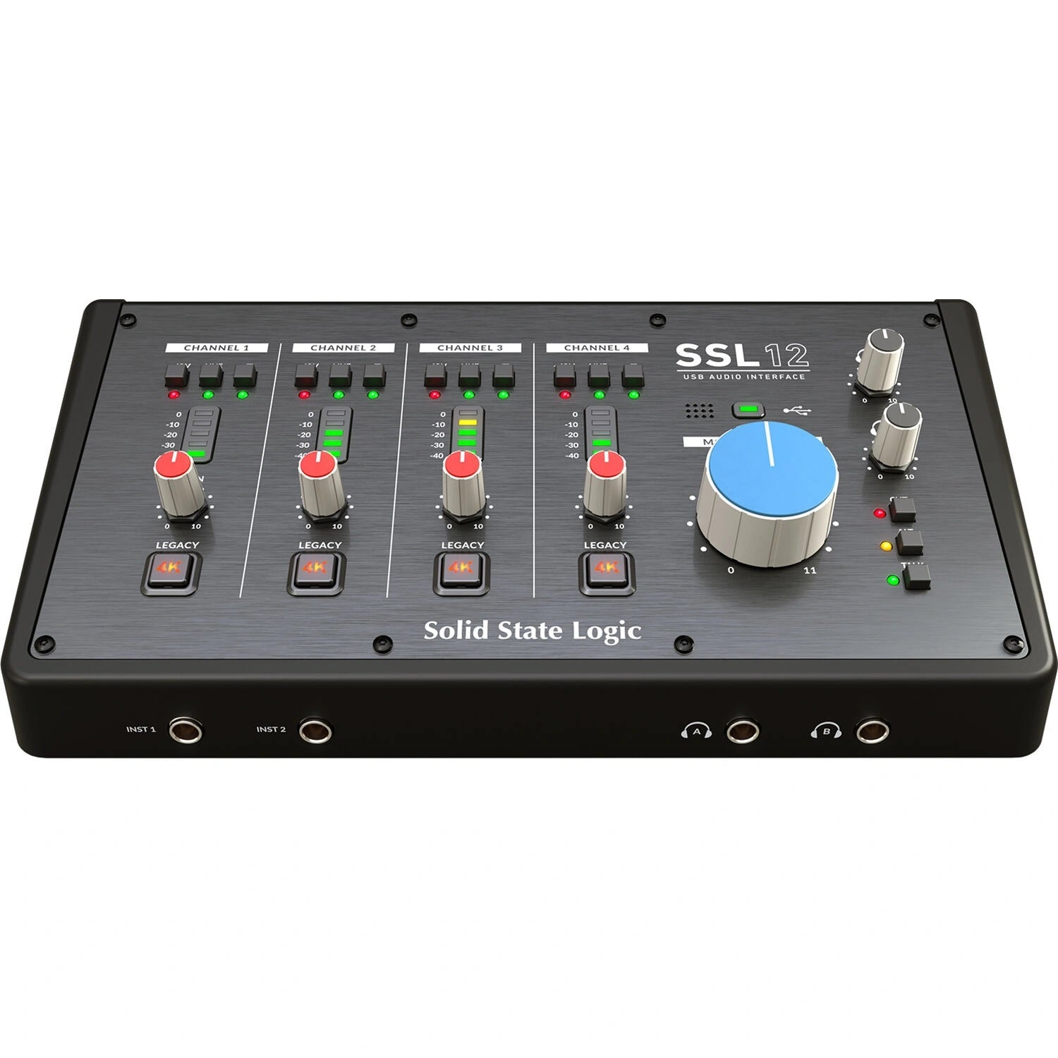 Solid State Logic SSL 12 USB Audio Interface, top view. Clear display of main controls including input gain knobs, 4K Legacy mode buttons, metering LEDs, and headphone level controls for intuitive desktop recording.