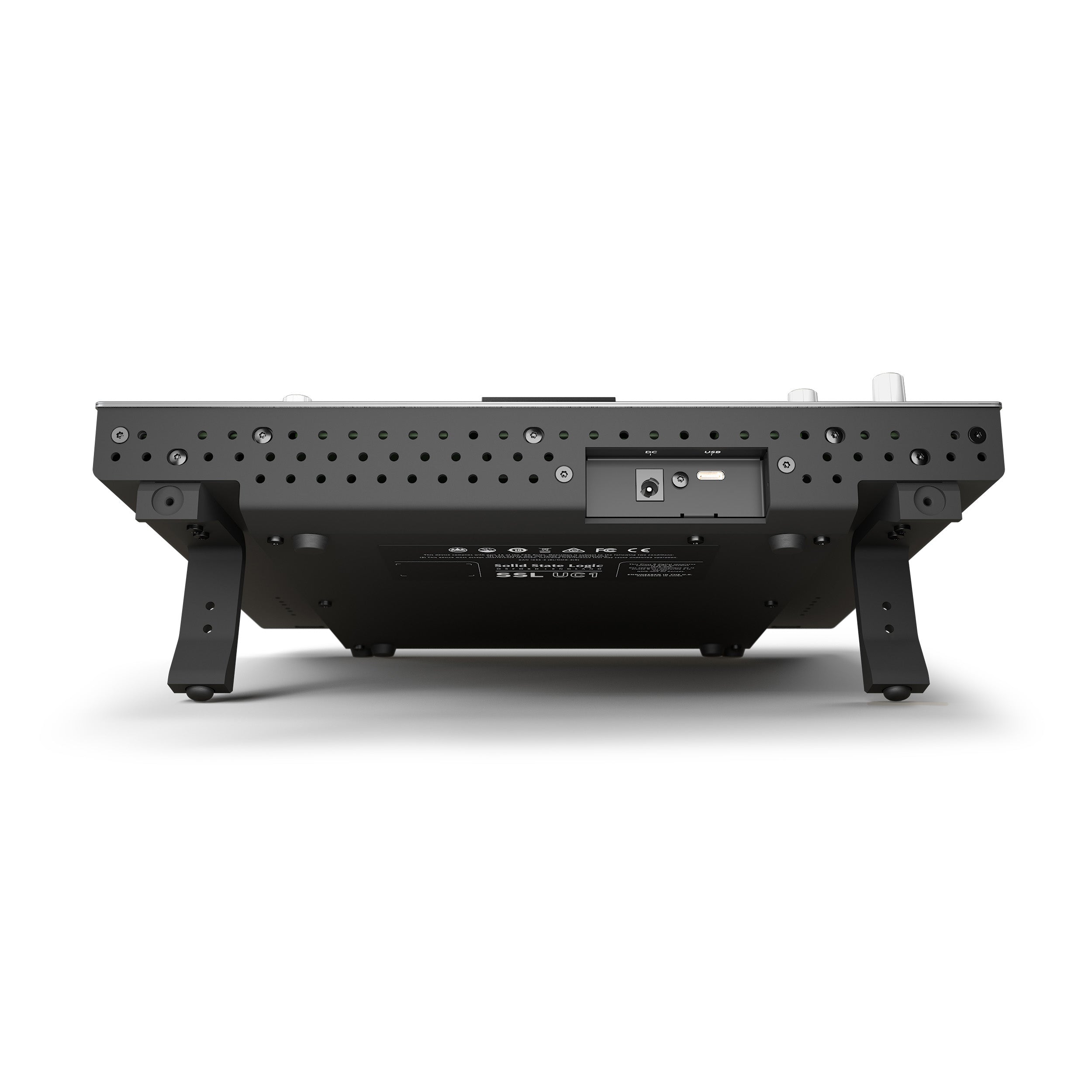 Solid State Logic UC1 Advanced Plug-in Controller back view, showcasing its sturdy build quality and built in stand.