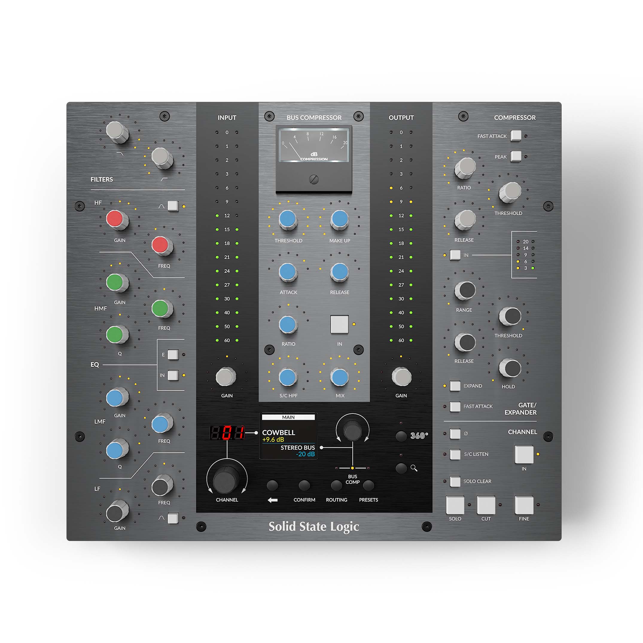 Solid State Logic UC1 Advanced Plug-in Controller top view, showcasing its dedicated console-style layout with a prominent central display, clearly laid out sections for SSL's Channel Strip and Bus Compressor plug-ins, including numerous rotary encoders and switches for EQ, dynamics, and a dedicated gain reduction fader.