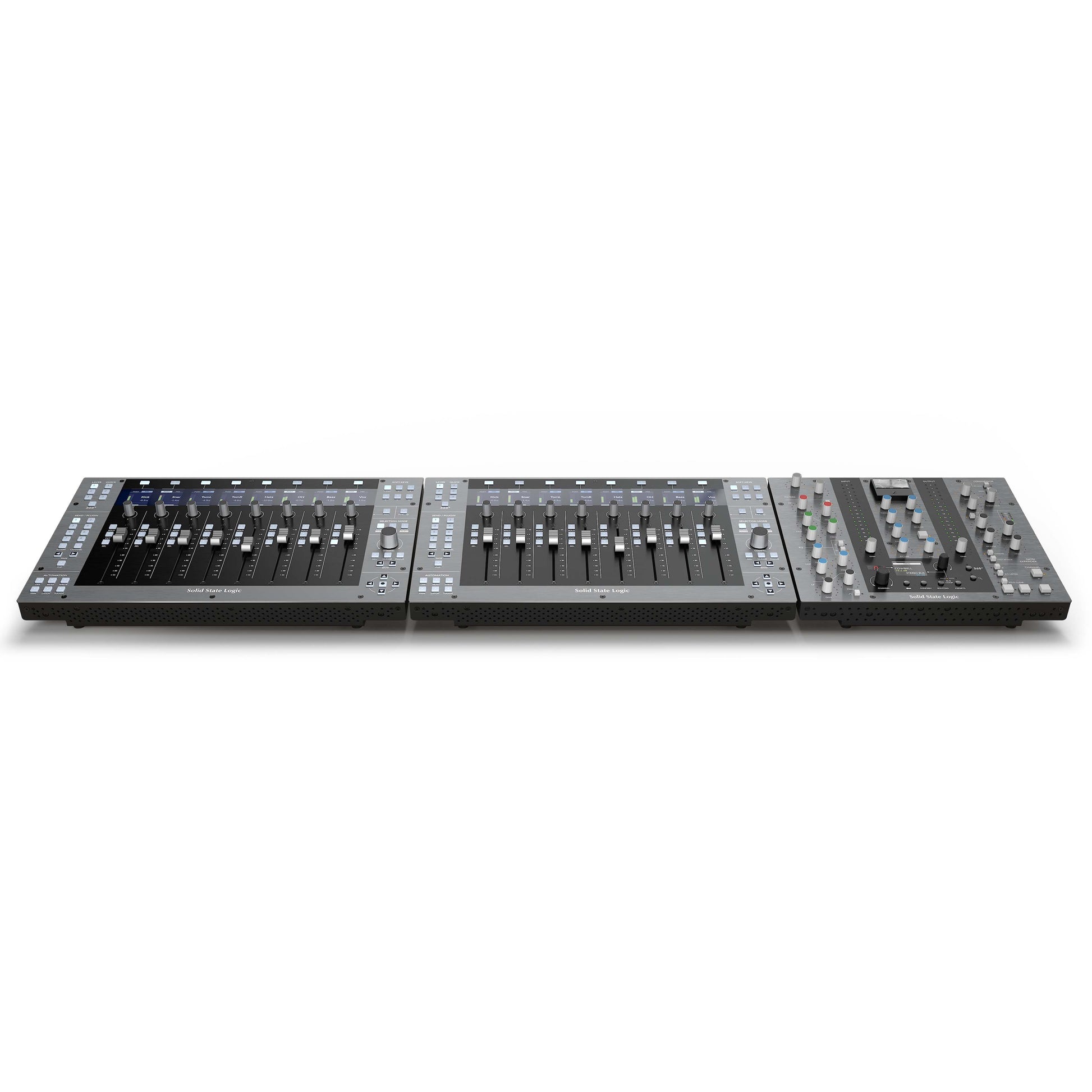 Solid State Logic UC1 Advanced Plug-in Controller with two UF8 Advanced DAW Controllers. Each UF8 features eight motorized faders, high-resolution LCD screens, and multiple rotary encoders and buttons for extensive DAW control, while the UC1 provides dedicated knob-per-function control for SSL's Channel Strip and Bus Compressor plug-ins, including its central display and motorized gain reduction meter.