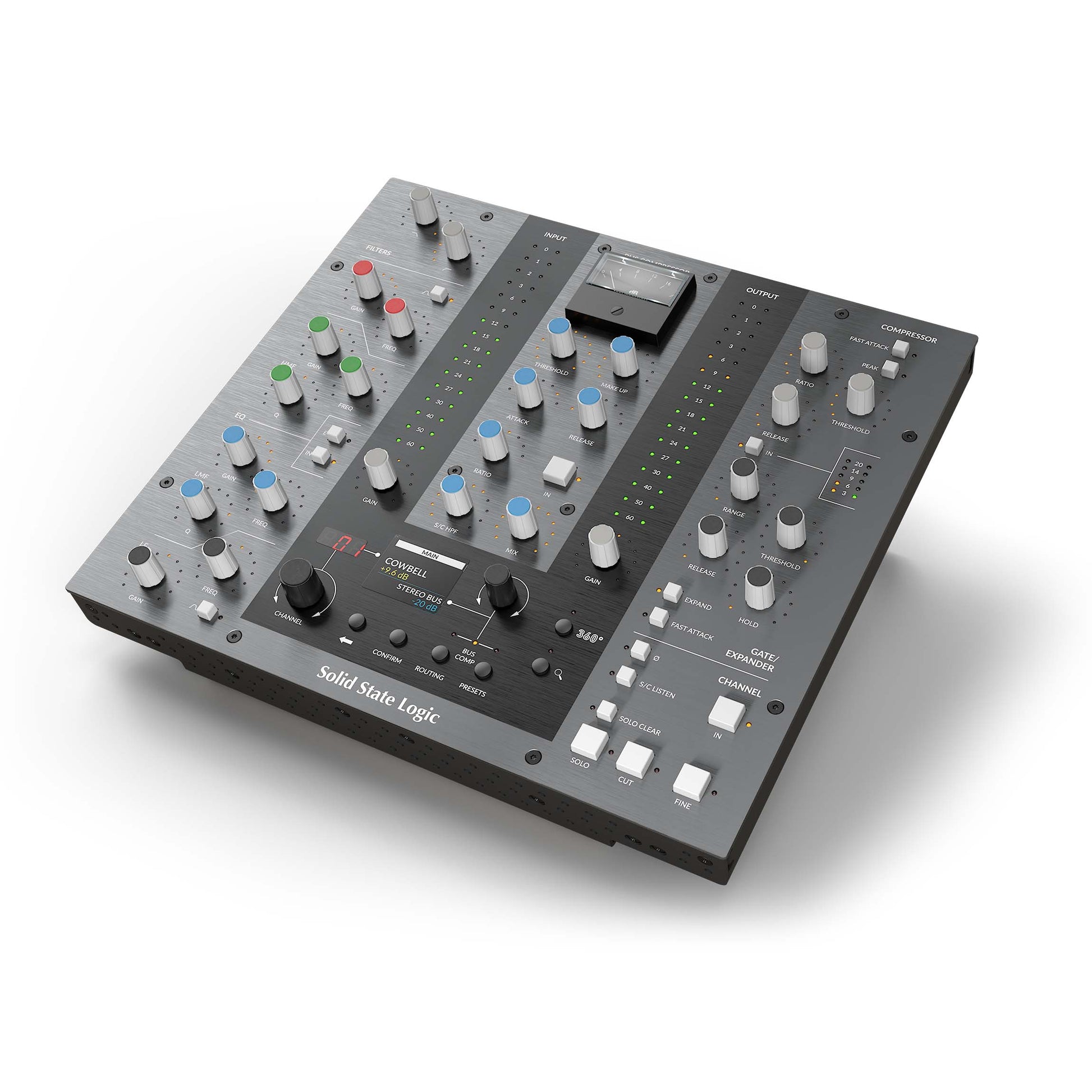 Solid State Logic UC1 Advanced Plug-in Controller angled top view, showcasing its dedicated console-style layout with a prominent central display, clearly laid out sections for SSL's Channel Strip and Bus Compressor plug-ins, including numerous rotary encoders and switches for EQ, dynamics, and a dedicated gain reduction fader.