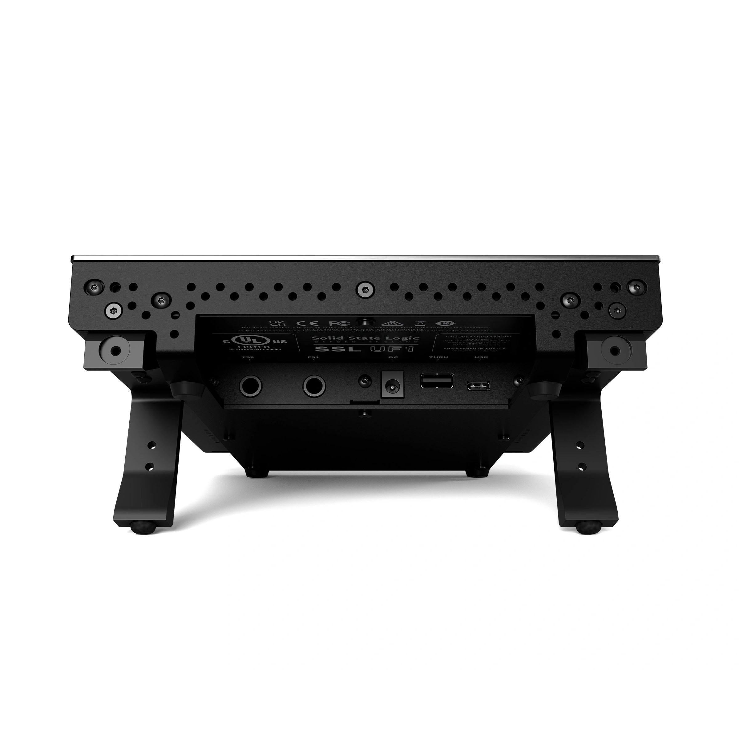 Solid State Logic UF1 Advanced DAW Controller back view, showing its connections and built in stand