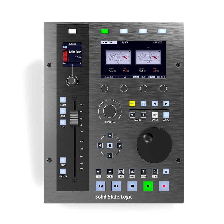 Solid State Logic UF1 Advanced DAW Controller top view, showing its single motorized fader, a large jog wheel, a high resolution display, and various buttons for DAW functions.