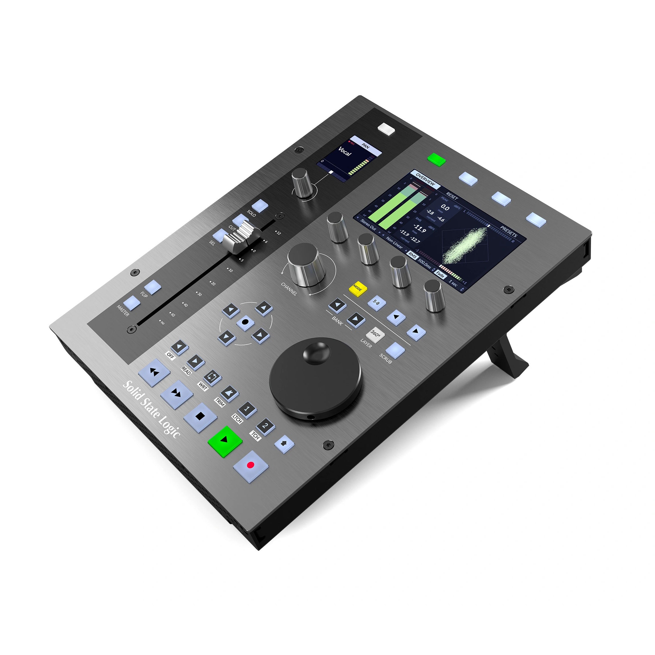 Solid State Logic UF1 Advanced DAW Controller top angled view, showing its single motorized fader, a large jog wheel, a high resolution display, and various buttons for DAW functions.