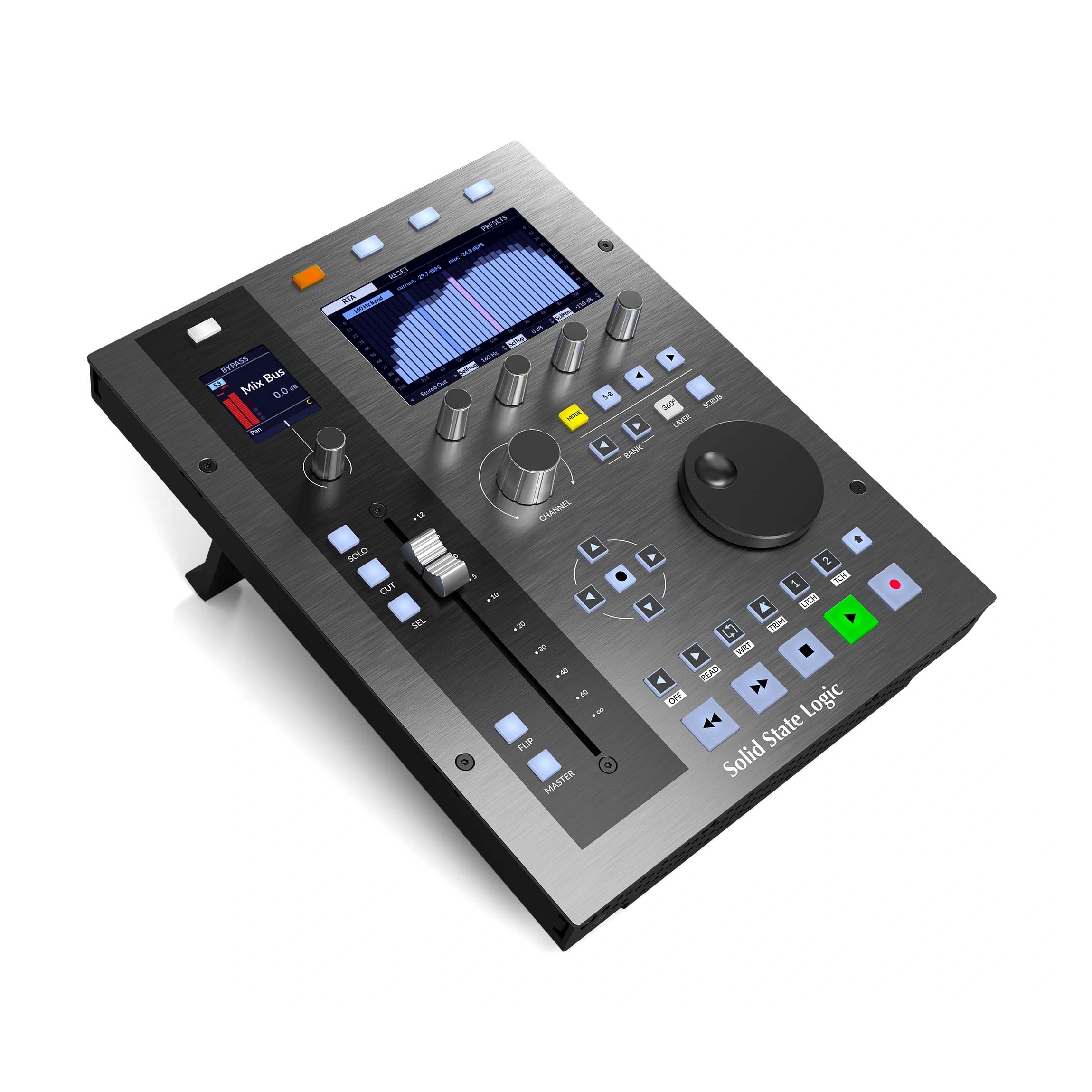 Solid State Logic UF1 Advanced DAW Controller top angled view, showing its single motorized fader, a large jog wheel, a high resolution display, and various buttons for DAW functions.