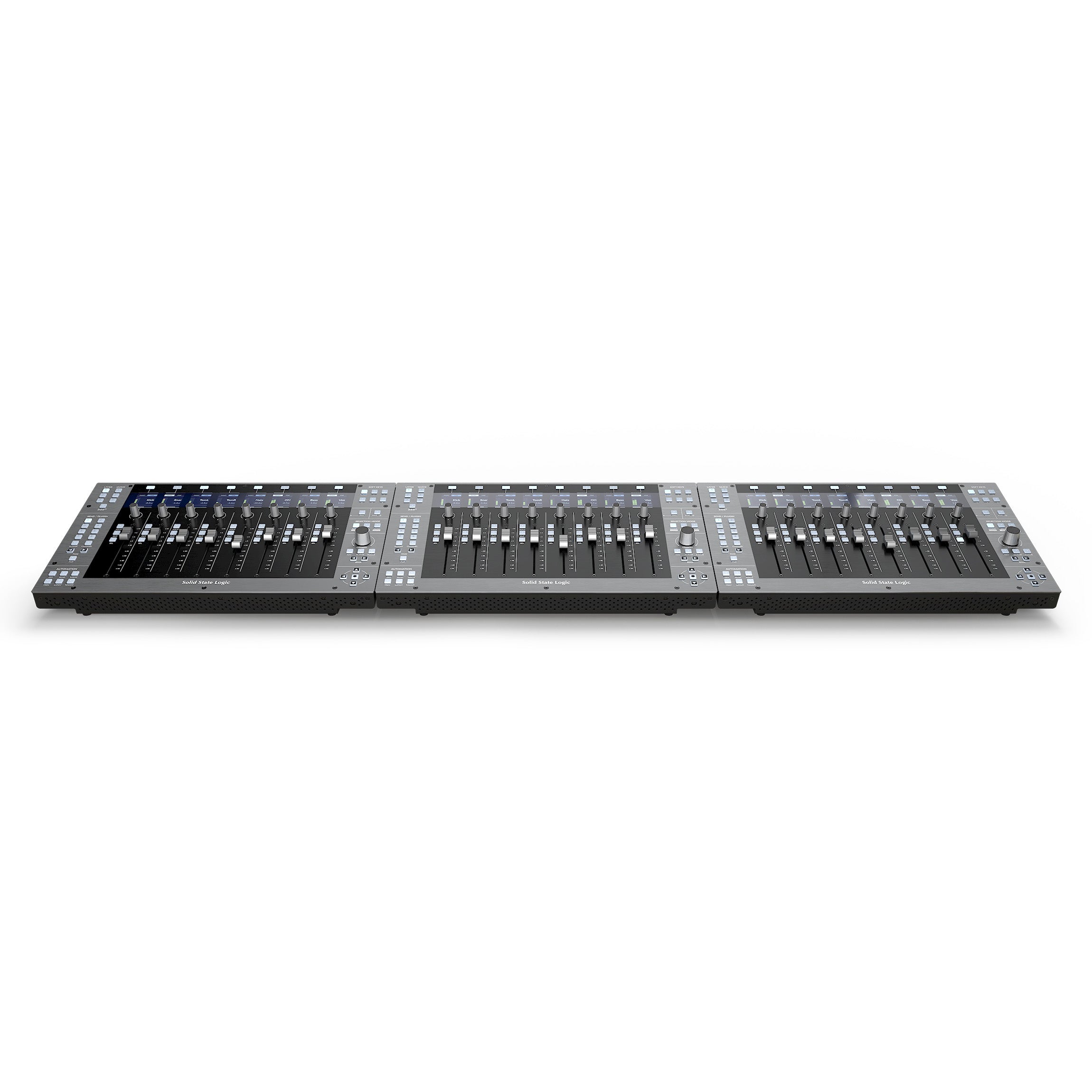 Solid State Logic UF8 Advanced DAW Controller, showing three units seamlessly connected side-by-side to form an extended control surface with a total of 24 motorized faders, 24 high-resolution LCD TFT displays, and numerous buttons and rotary encoders.