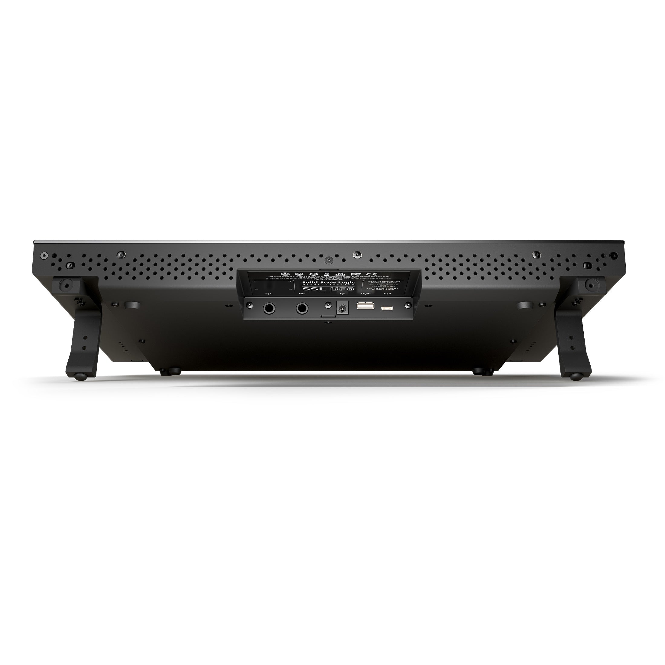 Solid State Logic UF8 Advanced DAW Controller, showing its built in stand and connections.