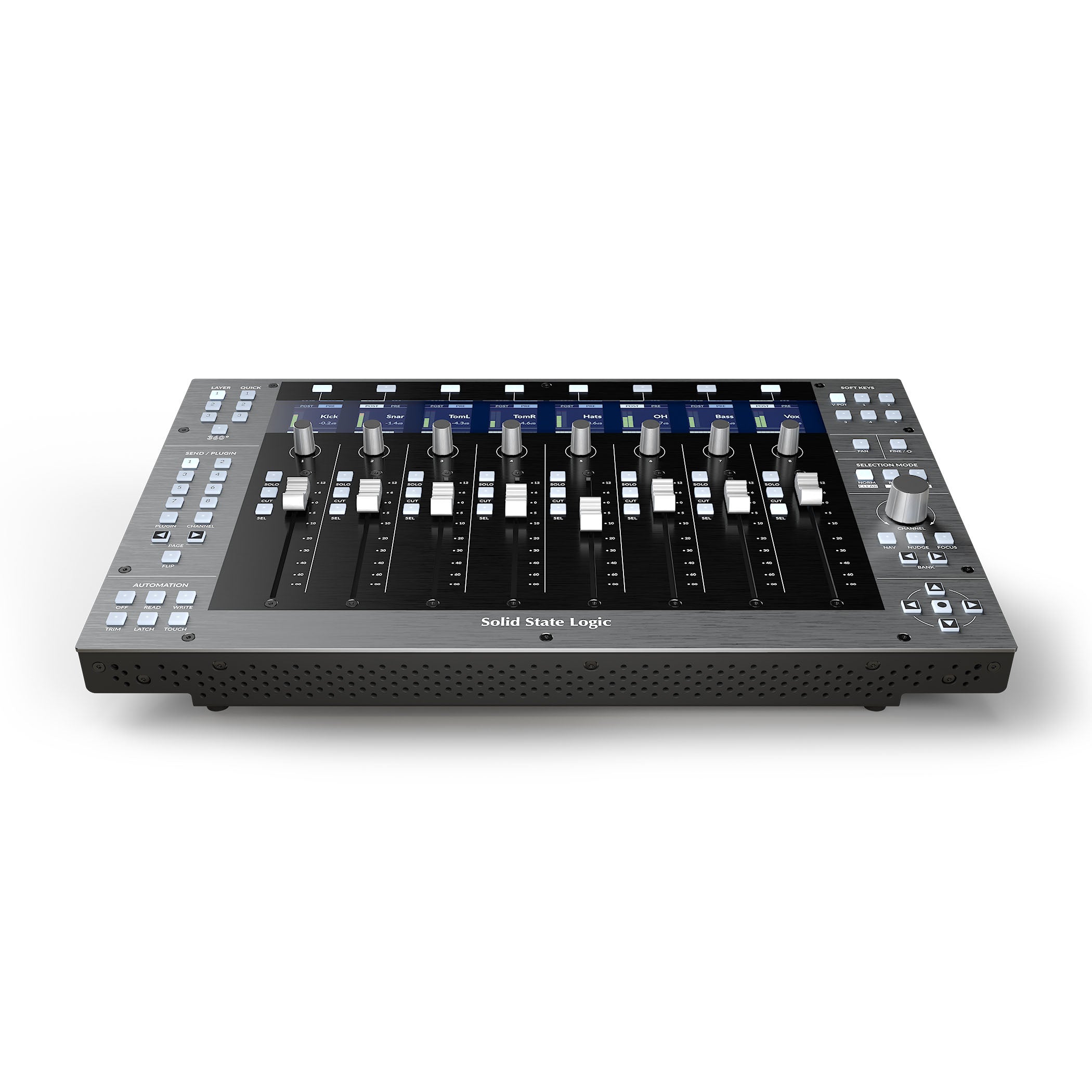 Solid State Logic UF8 Advanced DAW Controller, showing its sleek control surface with eight motorized, touch-sensitive faders, eight high-resolution LCD TFT displays, and numerous RGB backlit soft-touch buttons and rotary encoders.