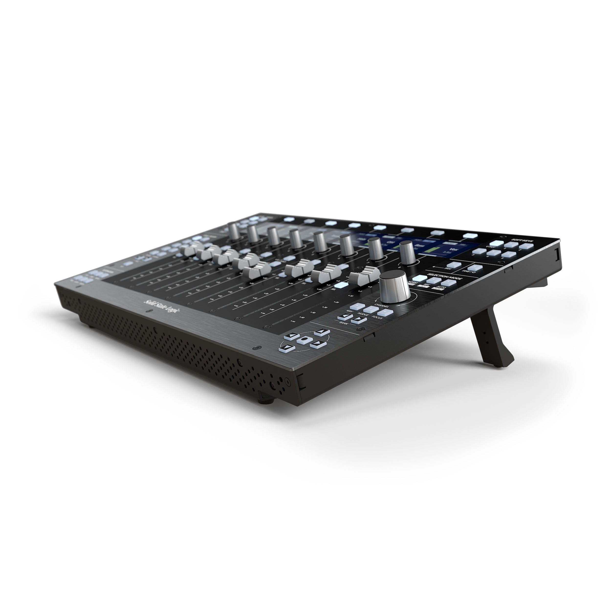 Solid State Logic UF8 Advanced DAW Controller, showing its built in stand system, sleek control surface with eight motorized, touch-sensitive faders, eight high-resolution LCD TFT displays, and numerous RGB backlit soft-touch buttons and rotary encoders.