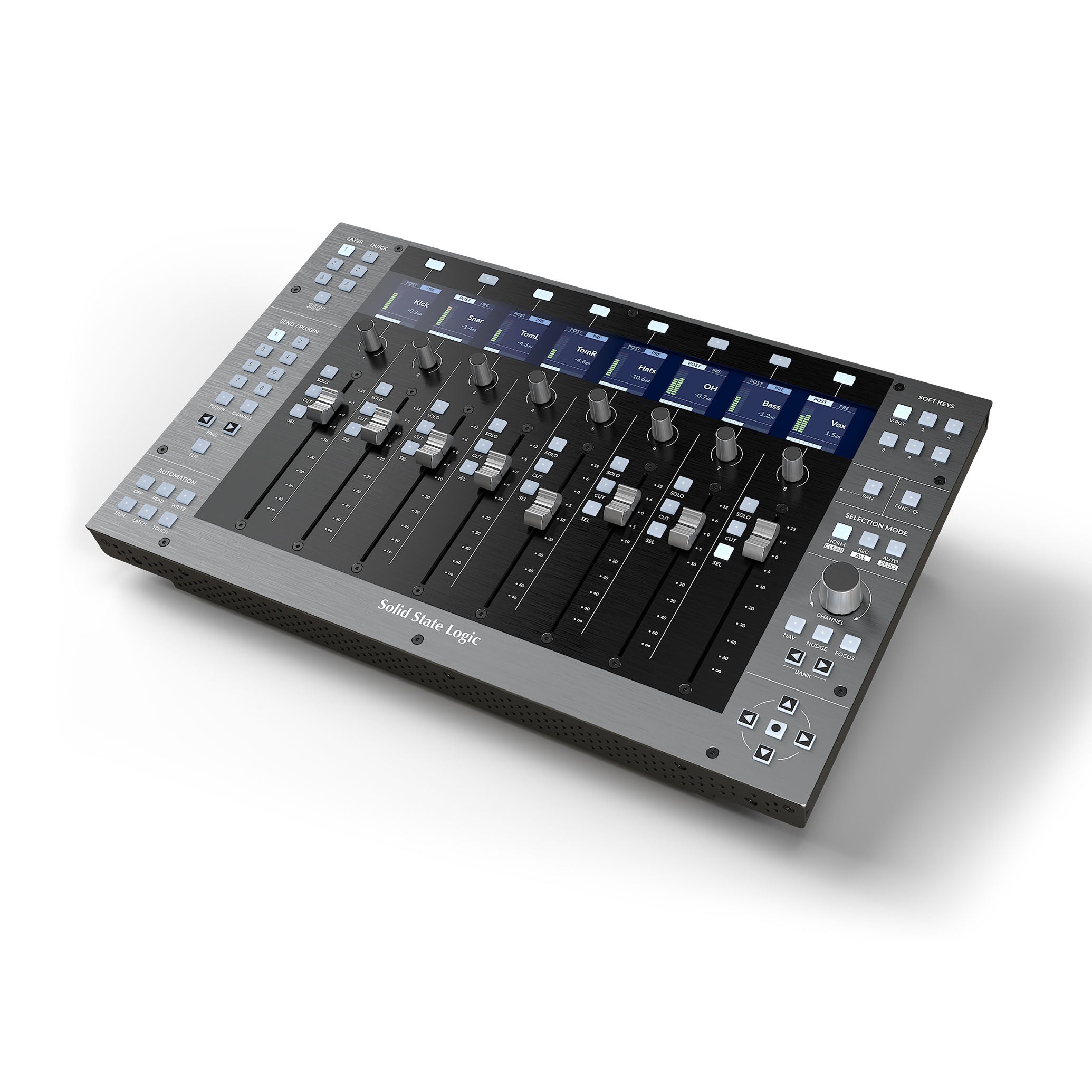 Solid State Logic UF8 Advanced DAW Controller, showing its sleek control surface with eight motorized, touch-sensitive faders, eight high-resolution LCD TFT displays, and numerous RGB backlit soft-touch buttons and rotary encoders.
