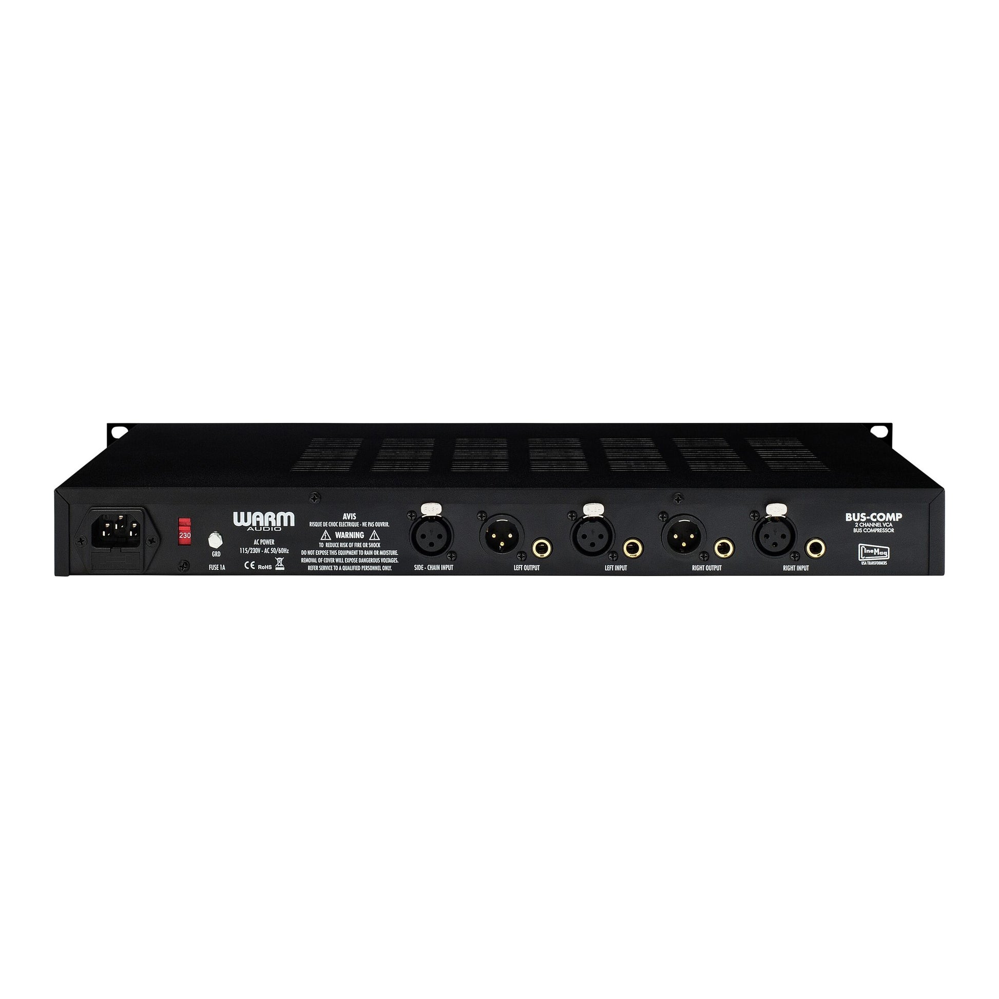 Warm Audio Bus-Comp 2-channel stereo VCA bus compressor, back view showing balanced left and right inputs and outputs, sidechain, Warm Audio and Cinemag Tranformers logos, power input and fuse.