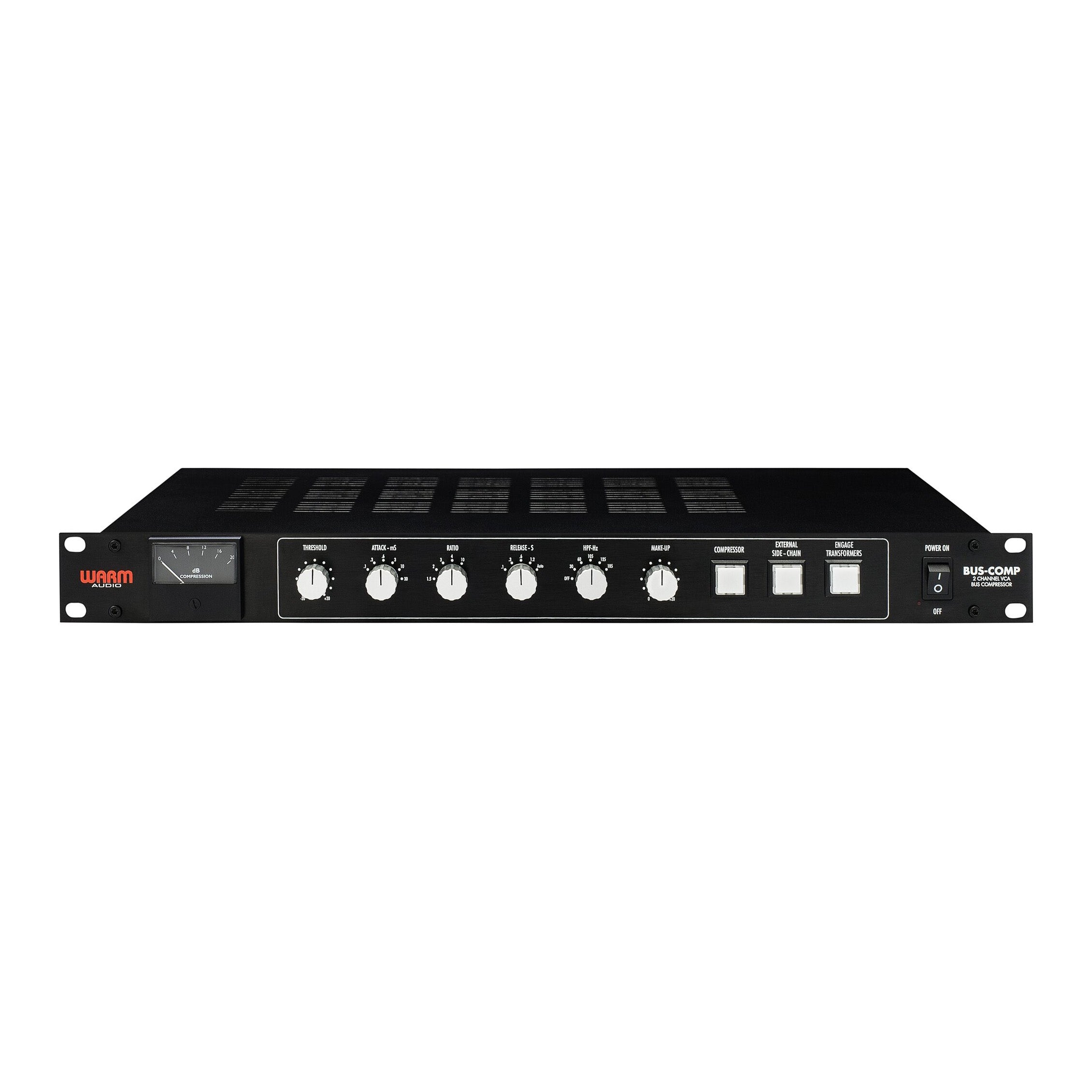 Warm Audio Bus-Comp 2-channel stereo VCA bus compressor, front panel showing selectable CineMag transformers for added analog color, an A/B compare switch for versatile mix bus processing, external side chain selector, an adjustable high-pass filter alongside its large gain reduction meter and standard controls for Threshold, Attack, Ratio, and Release.