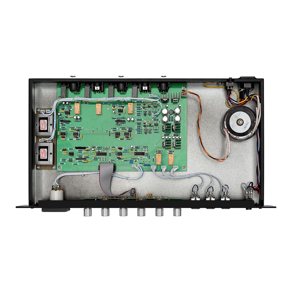 Warm Audio Bus-Comp 2-channel stereo VCA bus compressor, top down view of the inside showing tubes, Cinemag transformers and other components.