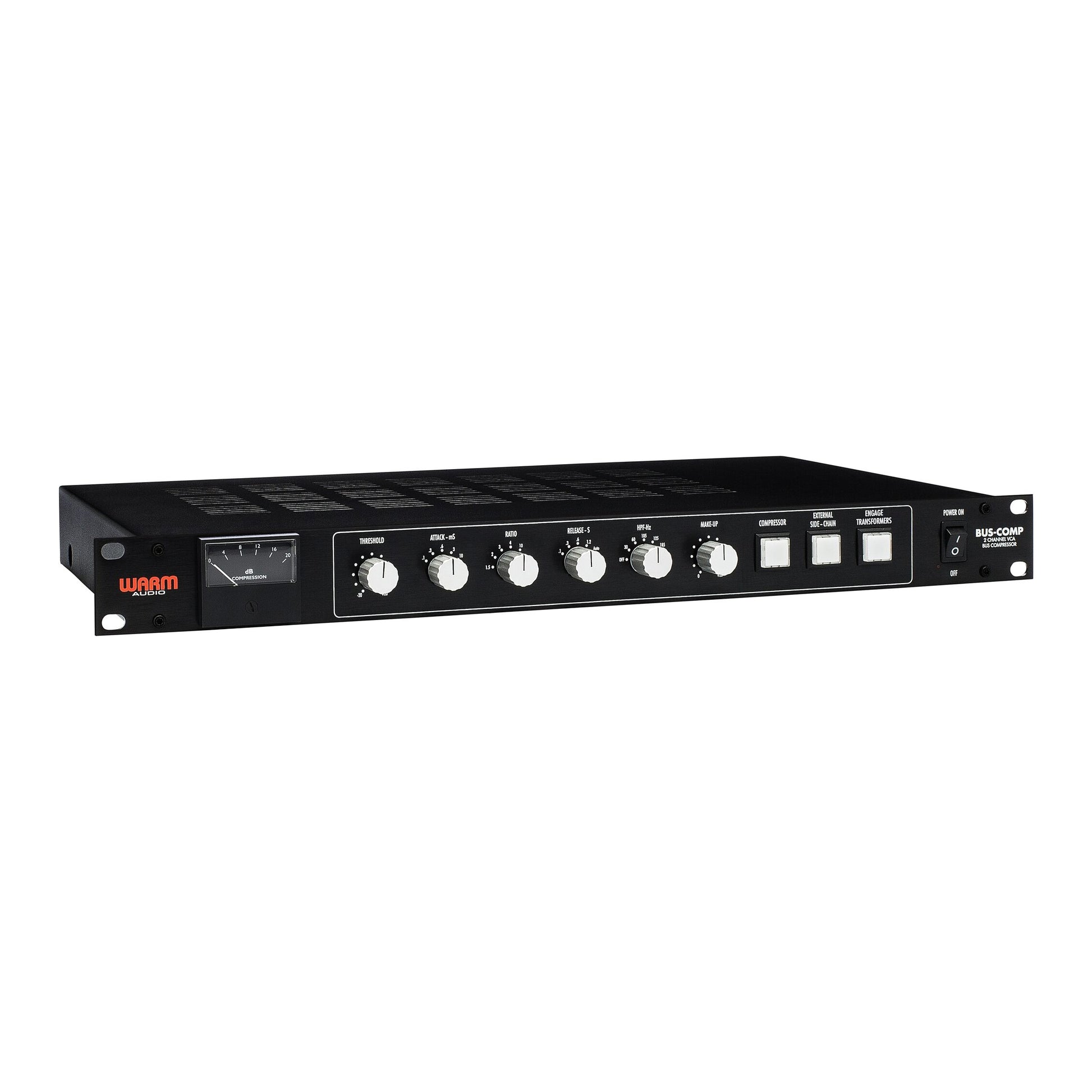 Warm Audio Bus-Comp 2-channel stereo VCA bus compressor, angled view of front panel showing selectable CineMag transformers for added analog color, an A/B compare switch for versatile mix bus processing, external side chain selector, an adjustable high-pass filter alongside its large gain reduction meter and standard controls for Threshold, Attack, Ratio, and Release.