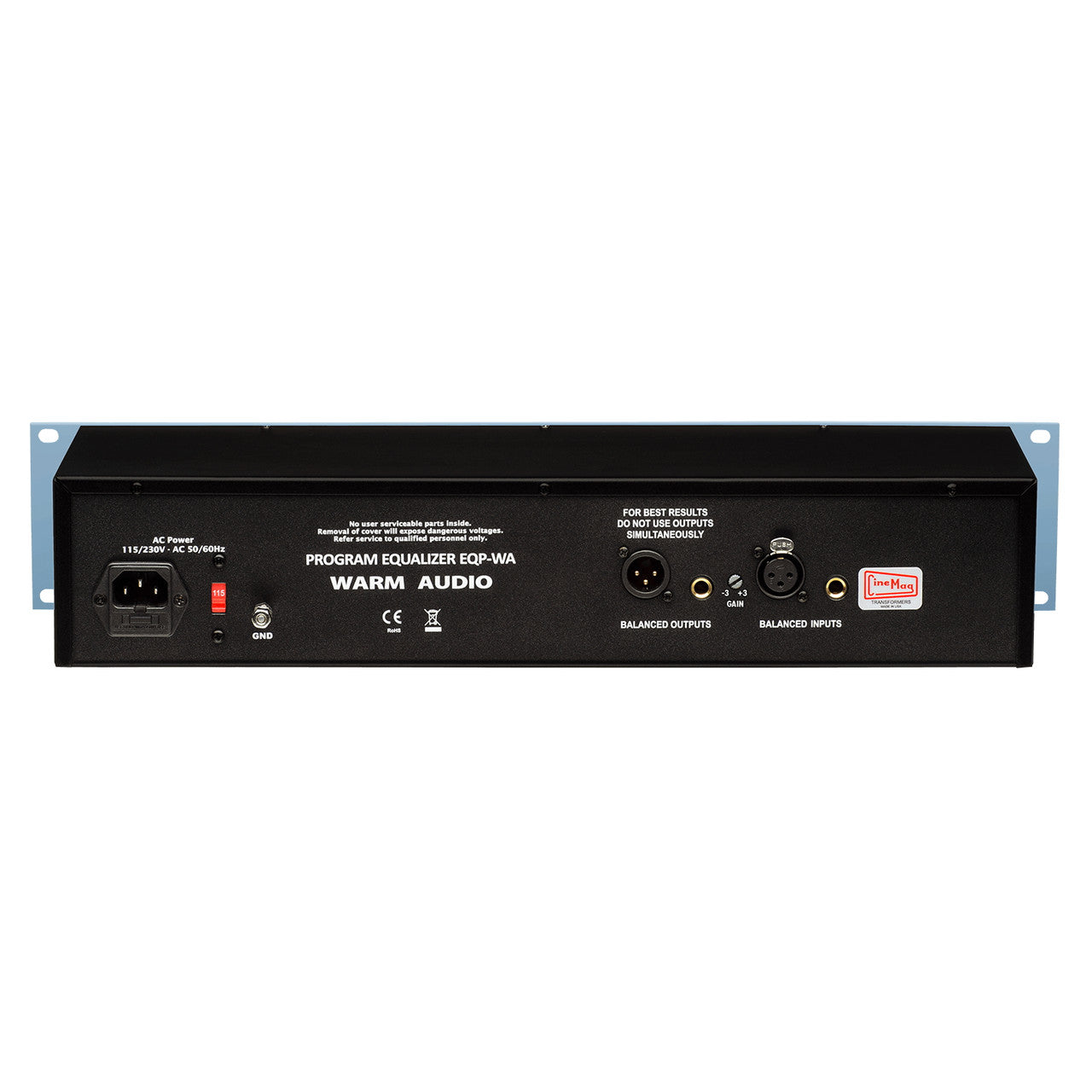 Warm Audio EQP-WA Tube Program Equalizer back panel, featuring balanced XLR and TRS inputs/outputs, a voltage selector switch (115V/230V), and standard IEC power inlet.