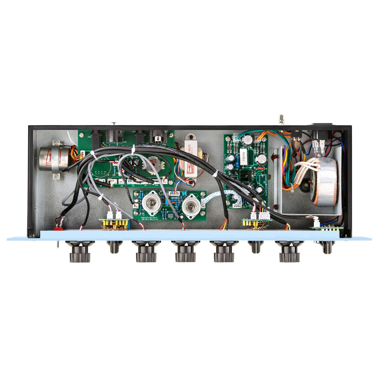 Top-down view of Warm Audio EQP-WA Tube Program Equalizer interior, showcasing premium CineMag transformers, multiple vacuum tubes (12AX7, 12AU7), and the neatly laid out inductor-based EQ circuitry for authentic Pultec-style sound.