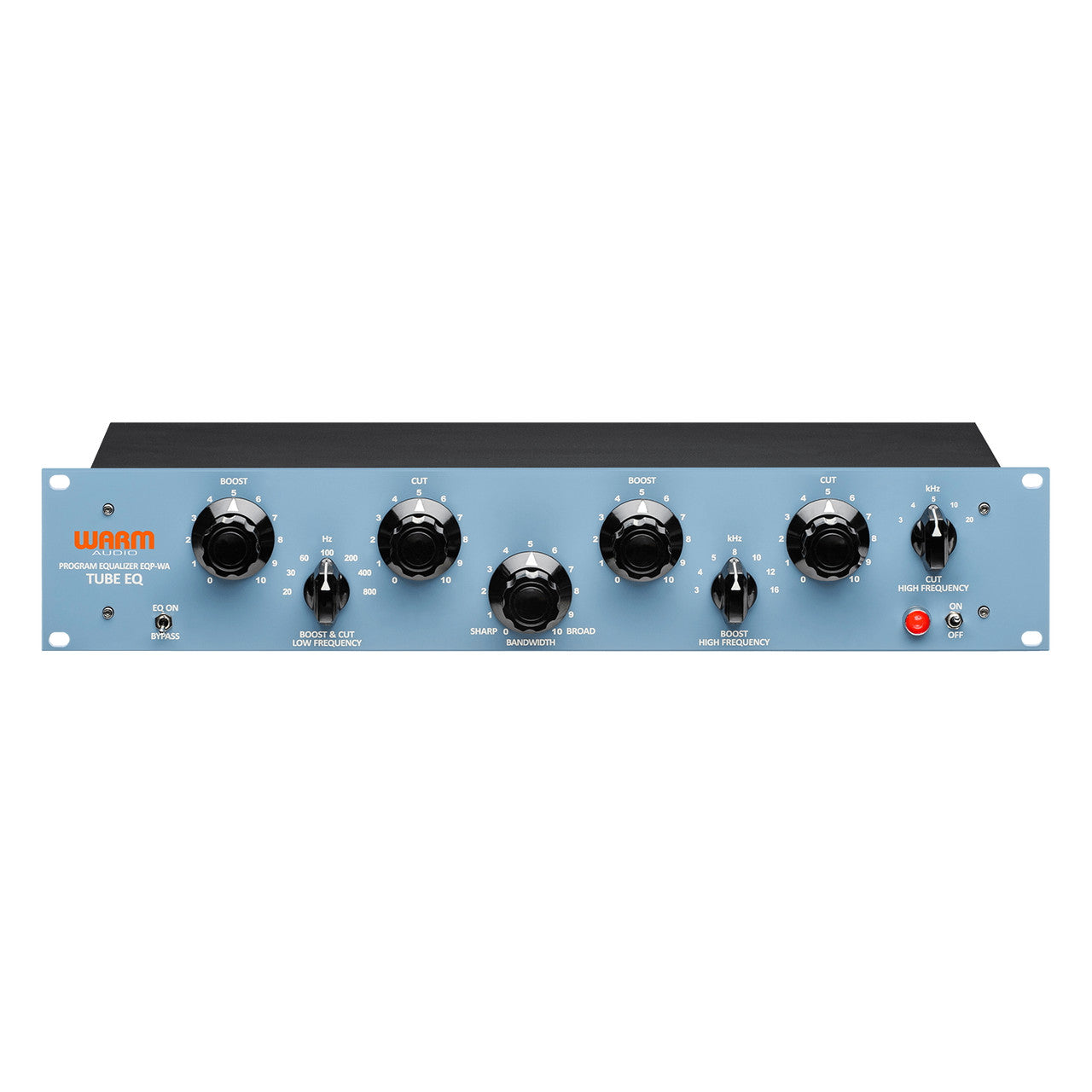 Warm Audio EQP-WA Tube Program Equalizer front panel with Pultec-style simultaneous low-end boost/cut, adjustable HF bandwidth, and tube-driven CineMag transformers.
