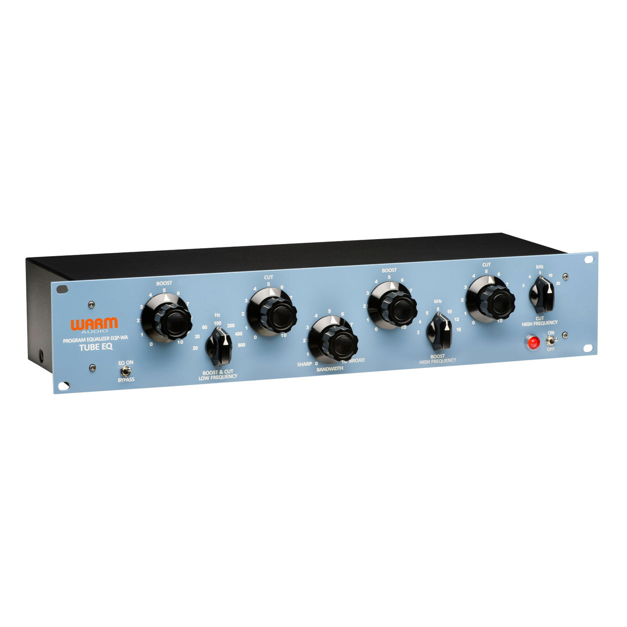 Warm Audio EQP-WA Tube Program Equalizer angled view of front panel with Pultec-style simultaneous low-end boost/cut, adjustable HF bandwidth, and tube-driven CineMag transformers.