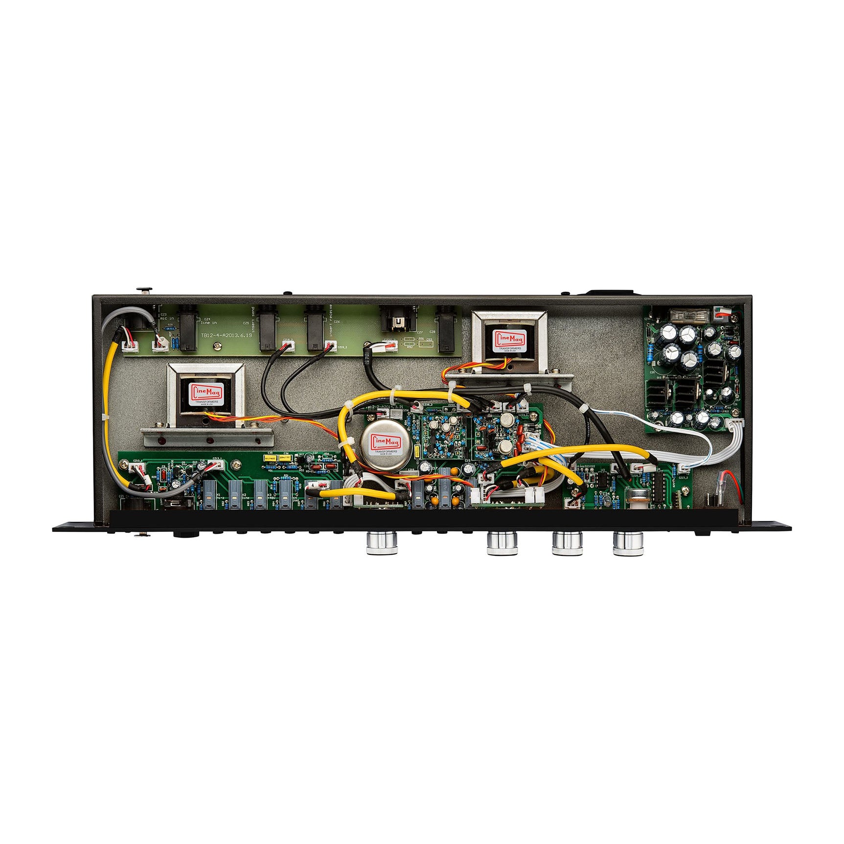 Warm Audio TB12 Tone Beast Microphone Preamp, top down view of the inside showing cinemag transformers and other components.