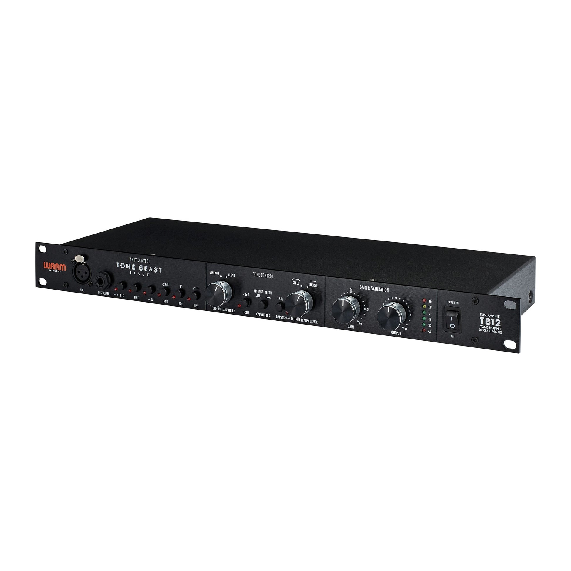 Warm Audio TB12 Tone Beast Microphone Preamp, angled view, featuring switchable vintage discrete amplifier, output transformers (steel/nickel), and capacitor types for varied tonal character. Shows mic and instrument inputs, gain/saturation and output knobs, phantom power, -20dB pad, and high-pass filter controls with illuminated meters.