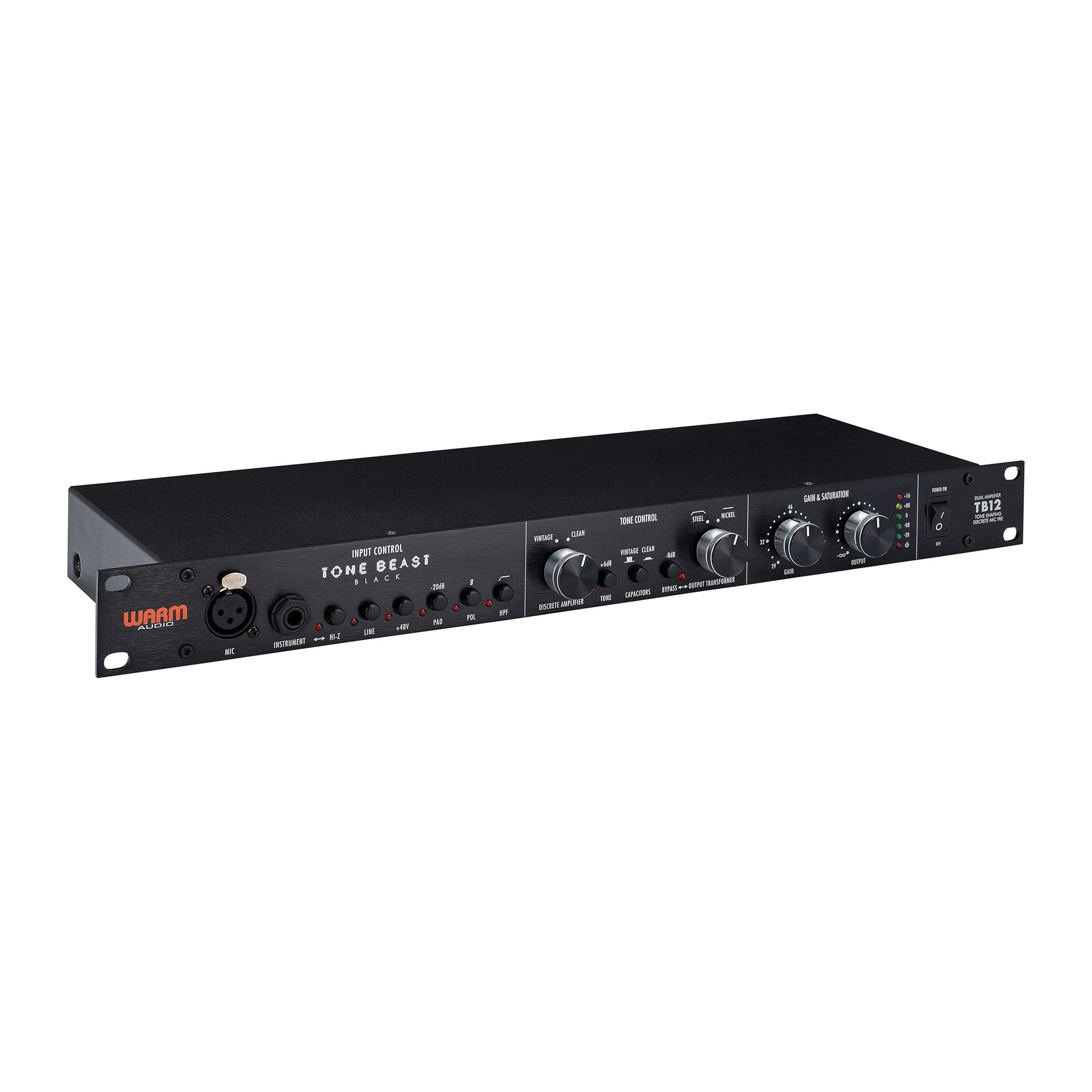 Warm Audio TB12 Tone Beast Microphone Preamp, angled view, featuring switchable vintage discrete amplifier, output transformers (steel/nickel), and capacitor types for varied tonal character. Shows mic and instrument inputs, gain/saturation and output knobs, phantom power, -20dB pad, and high-pass filter controls with illuminated meters.