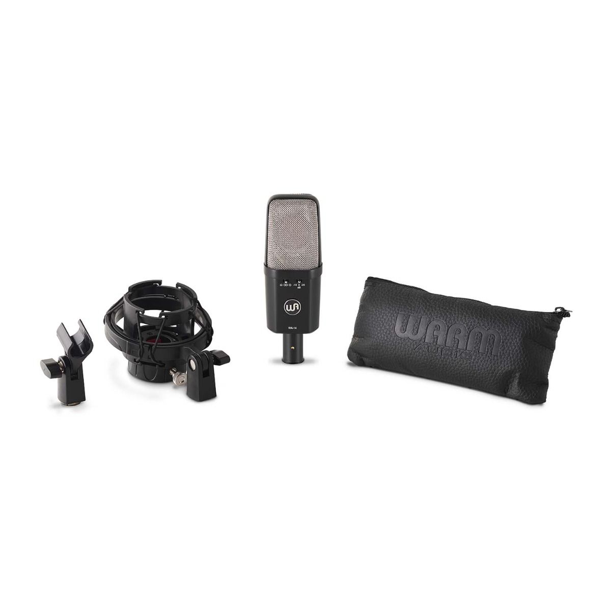 Warm Audio WA-14 Brass Capsule Large Diaphragm Condenser Microphone with shockmount, hardmount and microphone pouch.