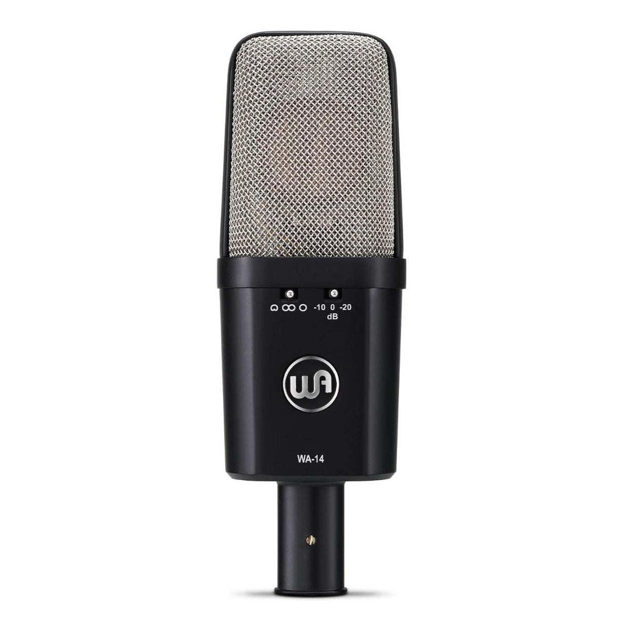 Warm Audio WA-14 Brass Capsule Large Diaphragm Condenser Microphone, front view showing polar pattern selector switch and pad switch.