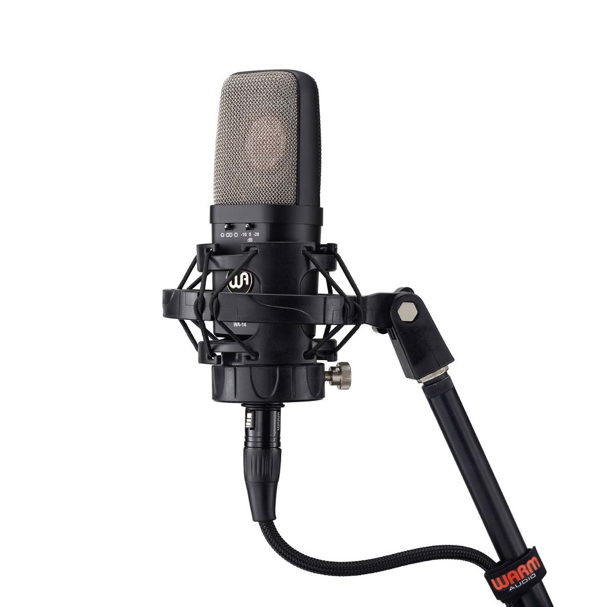 Warm Audio WA-14 Brass Capsule Large Diaphragm Condenser Microphone and shockmount on mic stand with XLR.