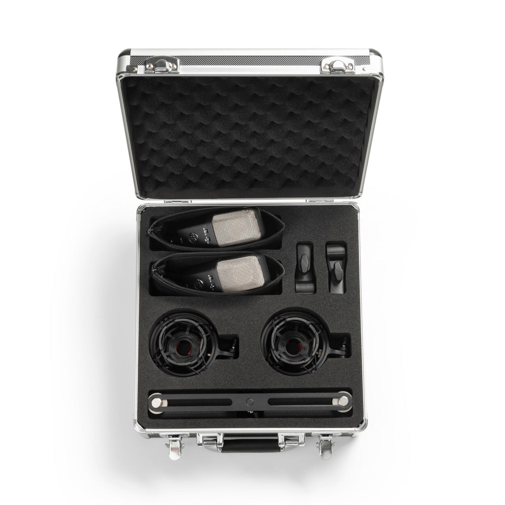 Stereo Pair of Warm Audio WA-14 Brass Capsule Large Diaphragm Condenser Microphones, top down view in carry case with mic pouches, shockmounts, stereo bar and hardmounts.