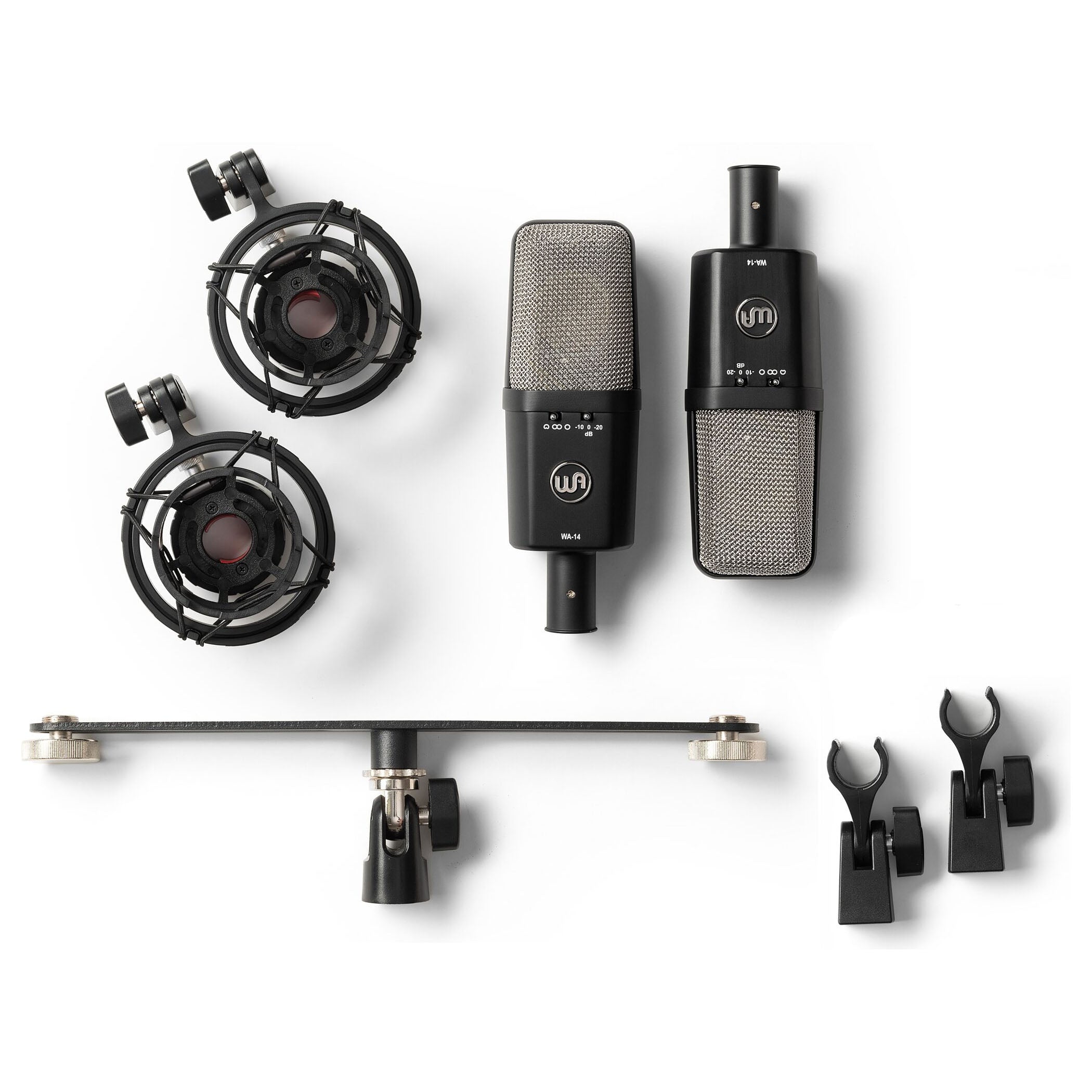 Stereo Pair of Warm Audio WA-14 Brass Capsule Large Diaphragm Condenser Microphones, top down view with shockmounts, stereo bar and hardmounts.