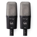 Stereo Pair of Warm Audio WA-14 Brass Capsule Large Diaphragm Condenser Microphones, front view showing polar pattern selector and pad switches.