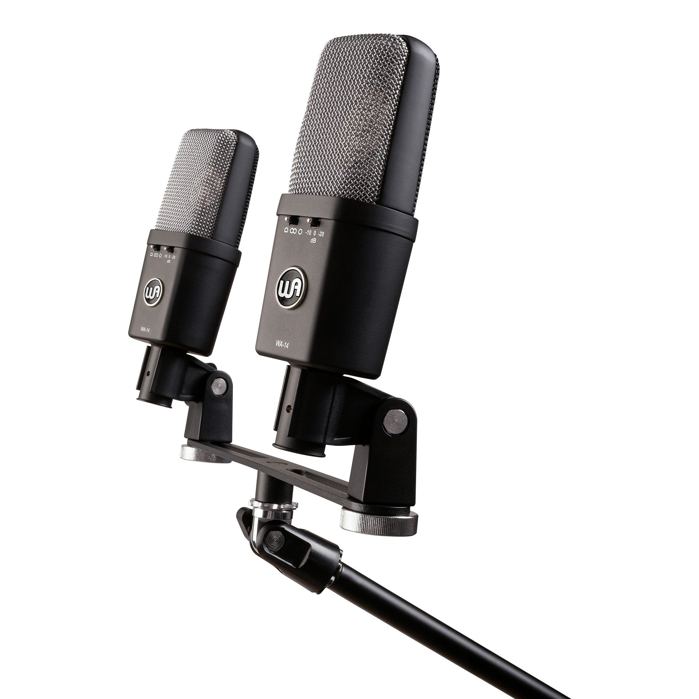 Stereo Pair of Warm Audio WA-14 Brass Capsule Large Diaphragm Condenser Microphones mounted on a mic stand with stereo bar, side angle.