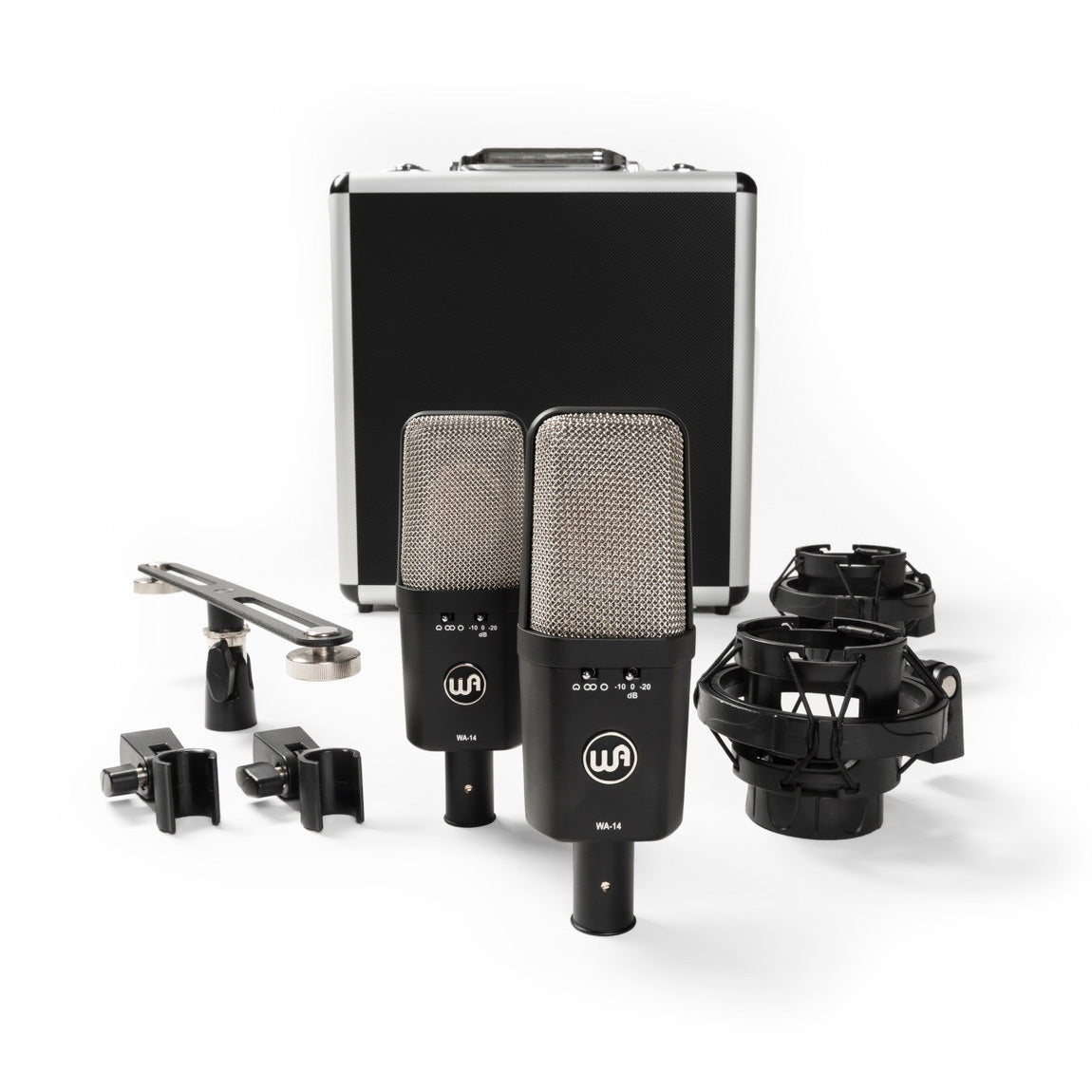 Stereo Pair of Warm Audio WA-14 Brass Capsule Large Diaphragm Condenser Microphones, front view with carry case, shockmounts, stereo bar and hardmounts. 