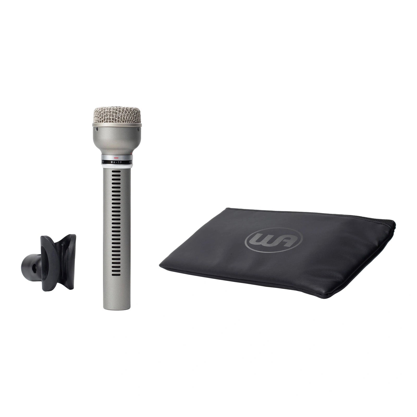 Warm Audio WA-19 Dynamic Microphone, front view with mic clip and mic pouch