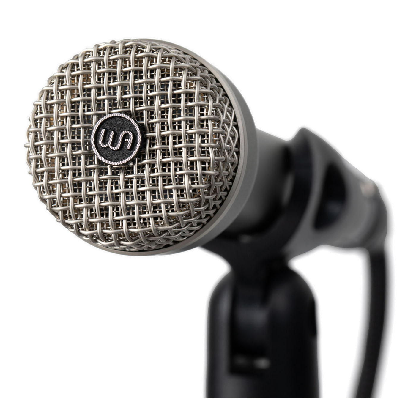 Warm Audio WA-19 Dynamic Microphone mounted on a mic stand, close up view of the grille