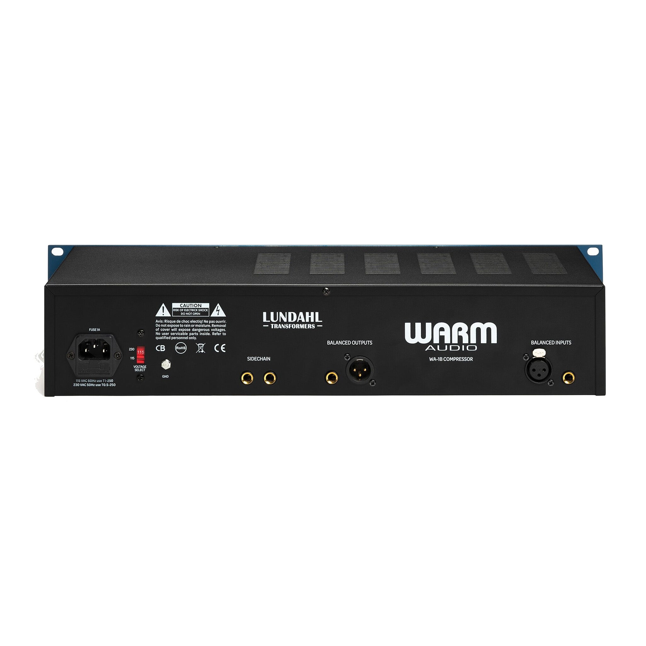 Warm Audio WA-1B Optical Compressor back view showing balanced inputs and outputs, sidechain connections, Warm Audio and Lundahl Tranformers logos, power input and fuse.