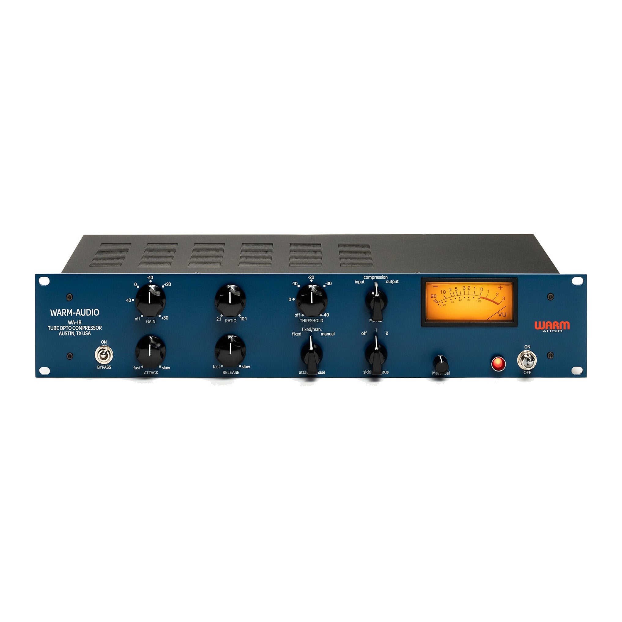 Warm Audio WA-1B Optical Compressor front panel, showing its signature blue finish, large VU meter, and controls for Threshold, Ratio, Attack, Release, and Make-up Gain, plus unique selectable attack/release timing modes.