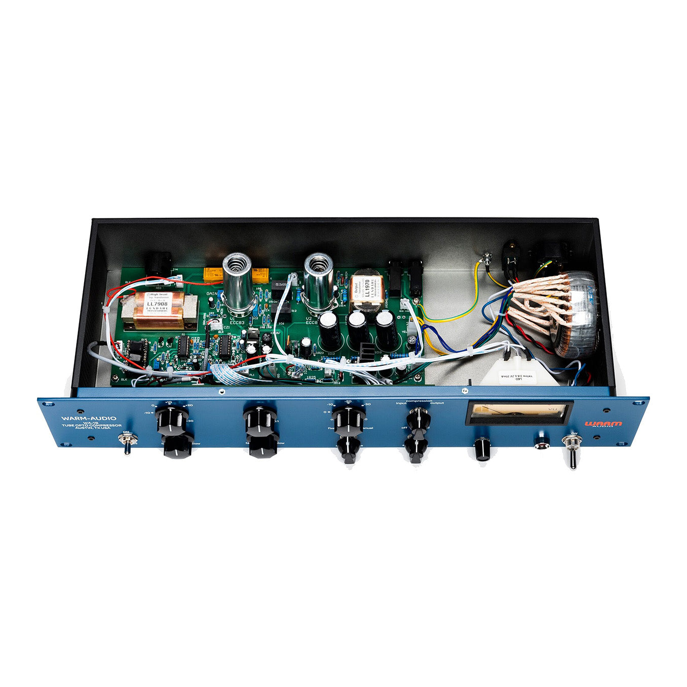 Warm Audio WA-1B Optical Compressor top angled view of the inside showing tubes, lundahl transformers and other components.