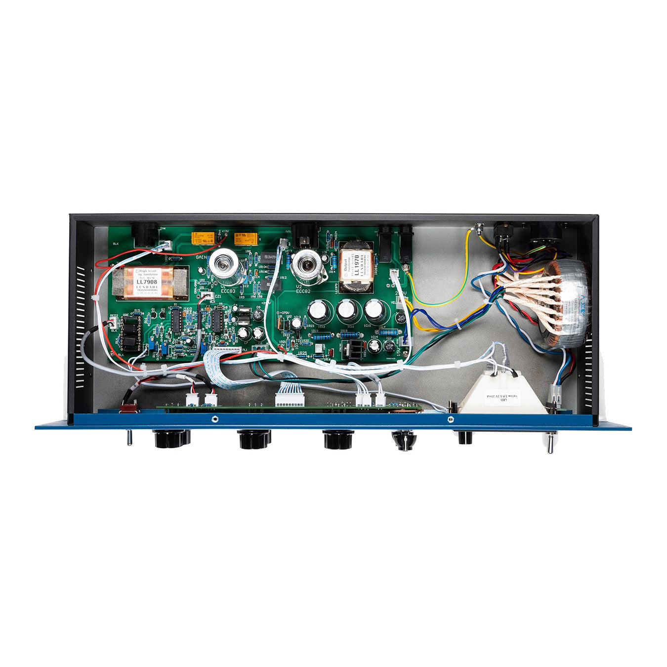 Warm Audio WA-1B Optical Compressor top down view of the inside showing tubes, lundahl transformers and other components.