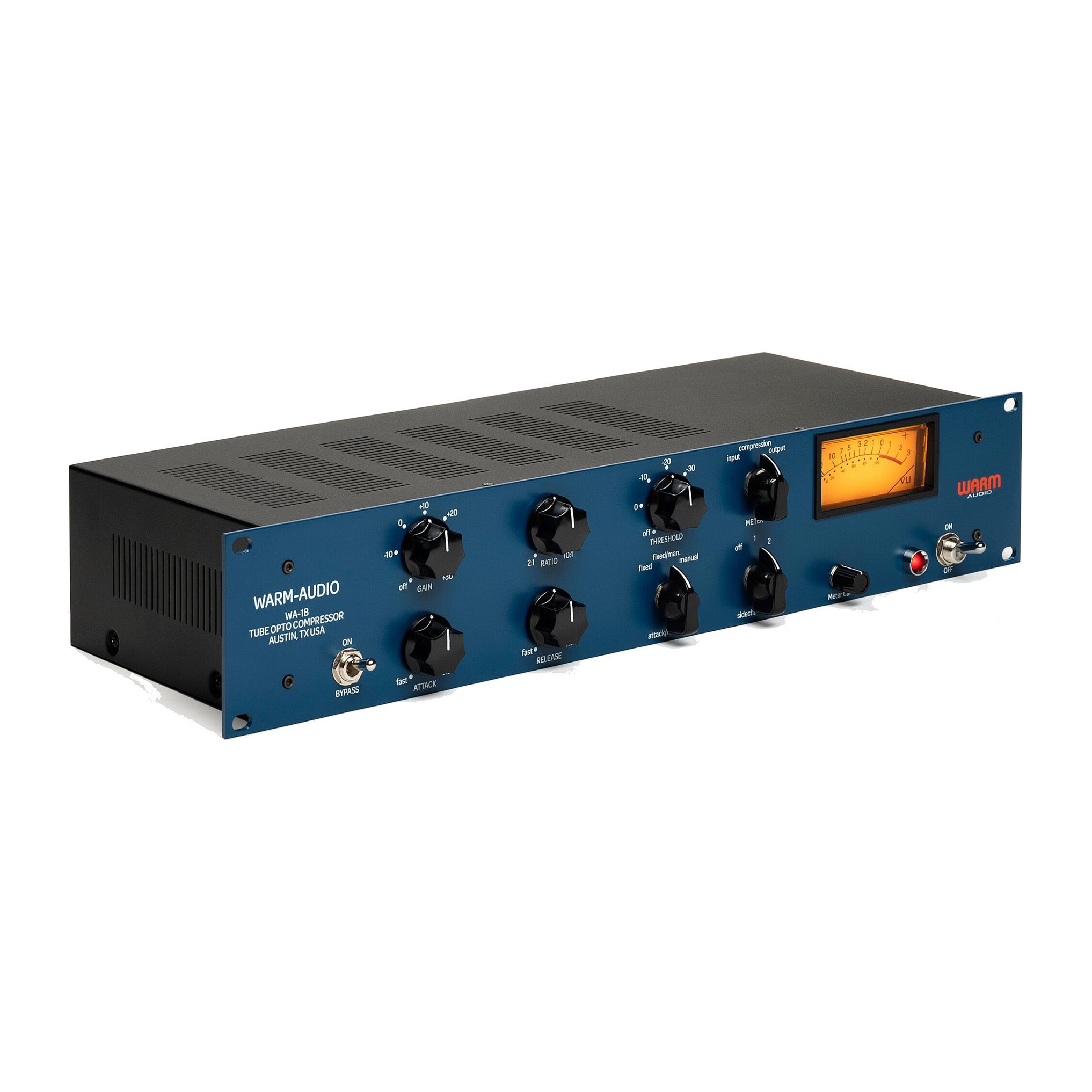 Warm Audio WA-1B Optical Compressor, angled view of front panel, showing its signature blue finish, large VU meter, and controls for Threshold, Ratio, Attack, Release, and Make-up Gain, plus unique selectable attack/release timing modes.