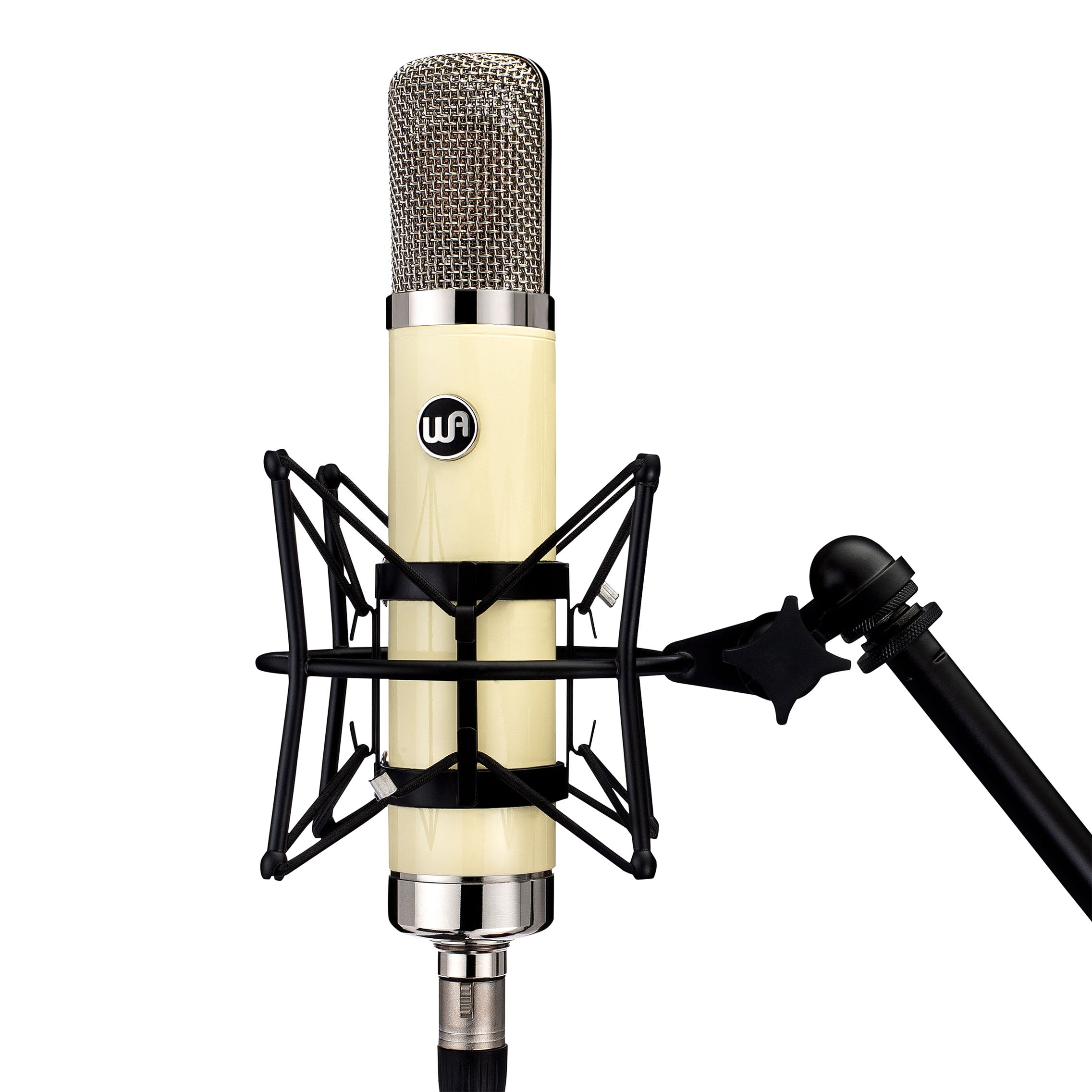 Warm Audio WA-251 Large-Diaphragm Tube Condenser Microphone mounted on a microphone stand with black shockmount.