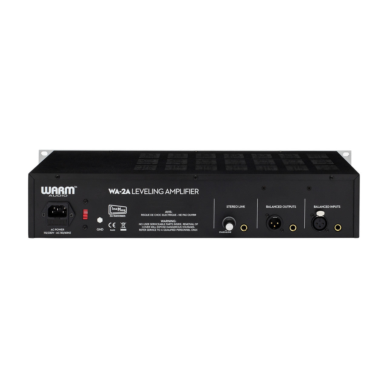 Warm Audio WA-2A Tube Optical Compressor back panel, showing balanced XLR and TRS inputs and outputs, stereo link jacks for chaining multiple units, the meter adjust trim, power input and fuse.