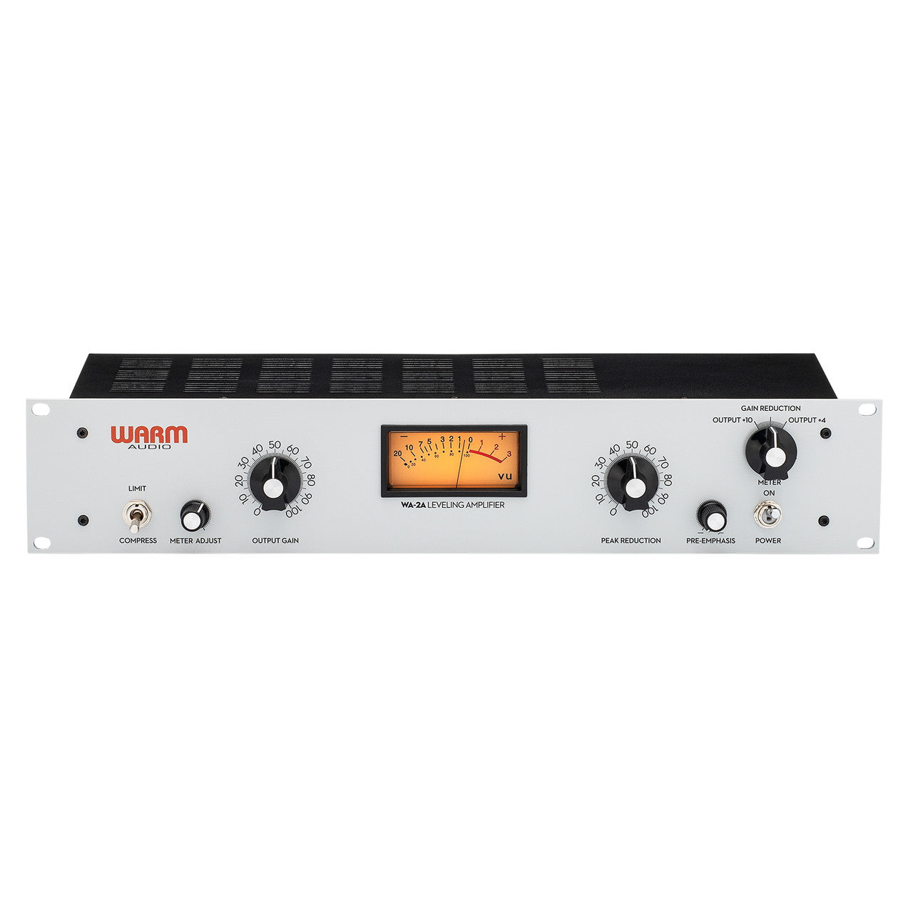 Warm Audio WA-2A Tube Optical Compressor front panel, featuring a large illuminated VU meter, a "Compress/Limit" switch for flexible ratios, and a Pre-Emphasis control for sidechain frequency sensitivity, alongside simple controls for Peak Reduction (threshold), Output Gain, and meter settings.