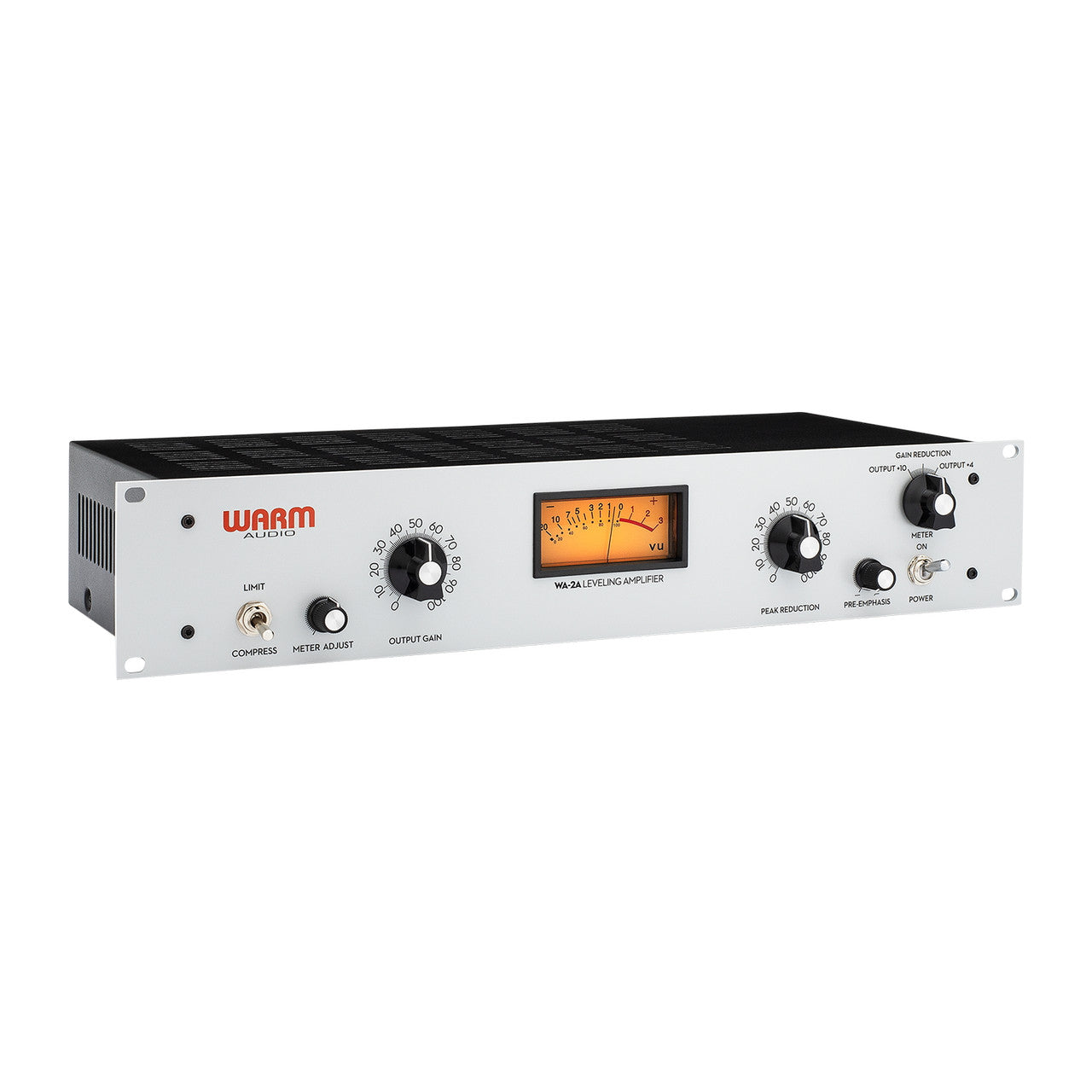Warm Audio WA-2A Tube Optical Compressor angled view of front panel, featuring a large illuminated VU meter, a "Compress/Limit" switch for flexible ratios, and a Pre-Emphasis control for sidechain frequency sensitivity, alongside simple controls for Peak Reduction (threshold), Output Gain, and meter settings.