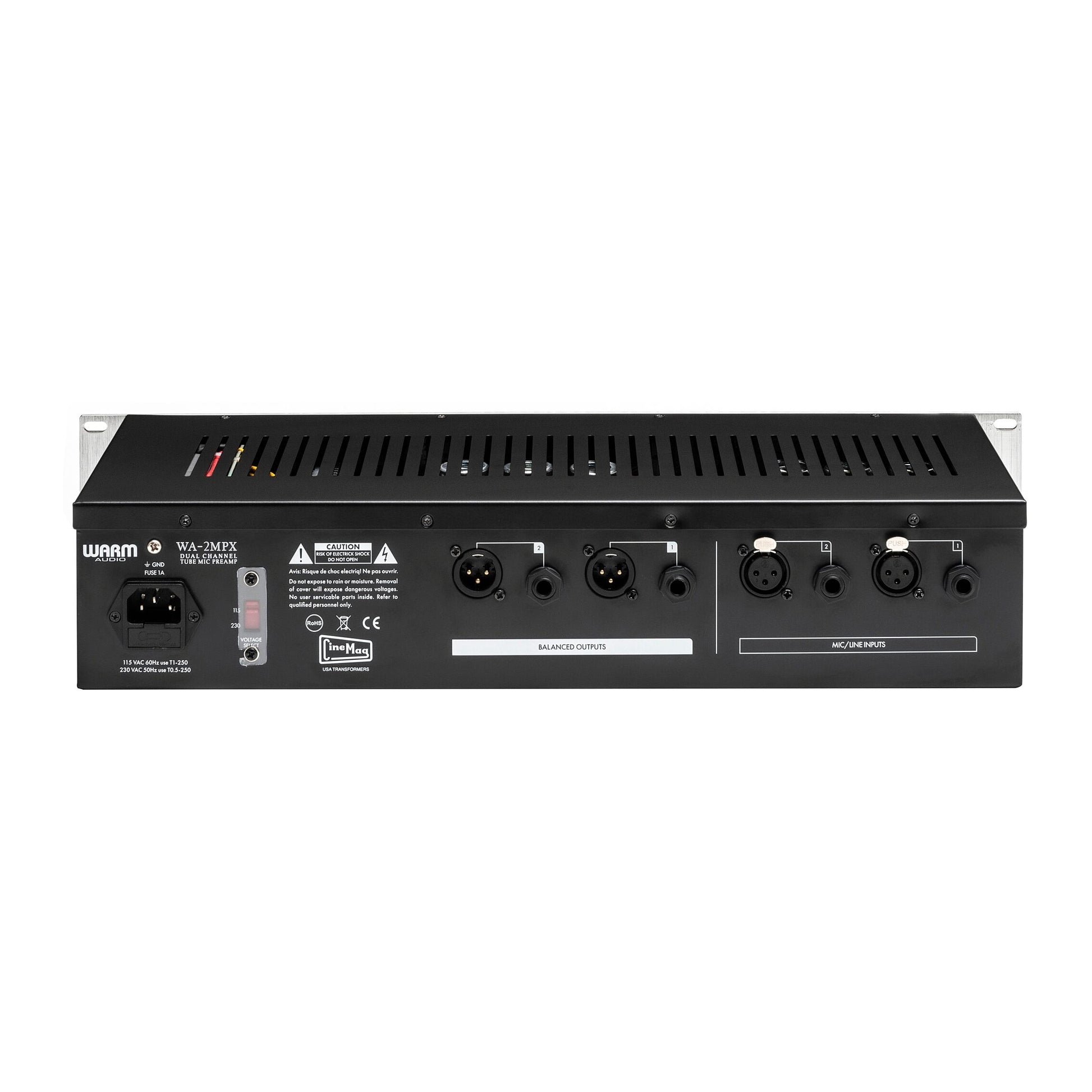 Warm Audio WA-2MPX 2-channel Tube Mic/Line/Instrument Preamp, back view showing mic/line inputs, balanced outputs, power input and fuse.