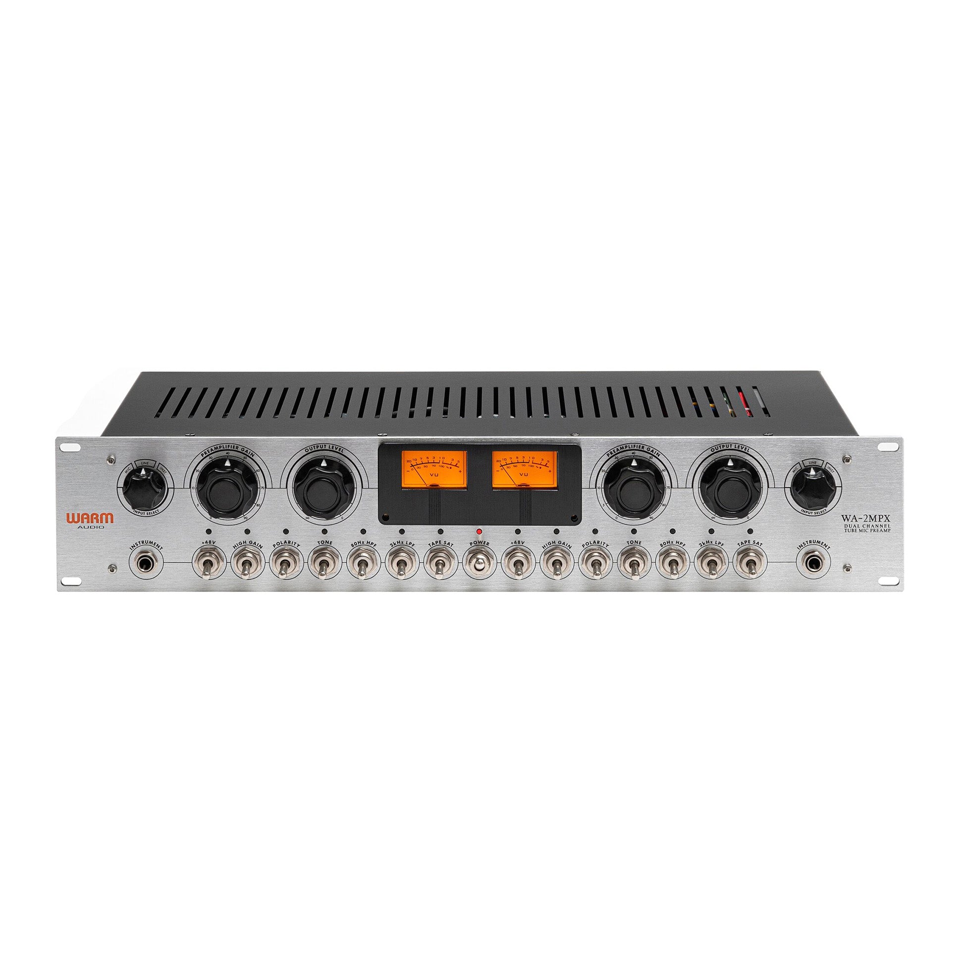 Warm Audio WA-2MPX 2-channel Tube Mic/Line/Instrument Preamp, front view with vintage meter showing instrument input, input selector, gain and output level knobs. Also featuring switches for power, phantom power, high gain, polarity, tone, high and low pass filters and tape saturation.