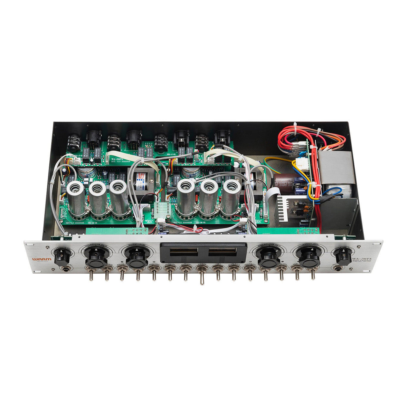 Warm Audio WA-2MPX 2-channel Tube Mic/Line/Instrument Preamp, top view showing the inside with components, tubes and other circuitry.