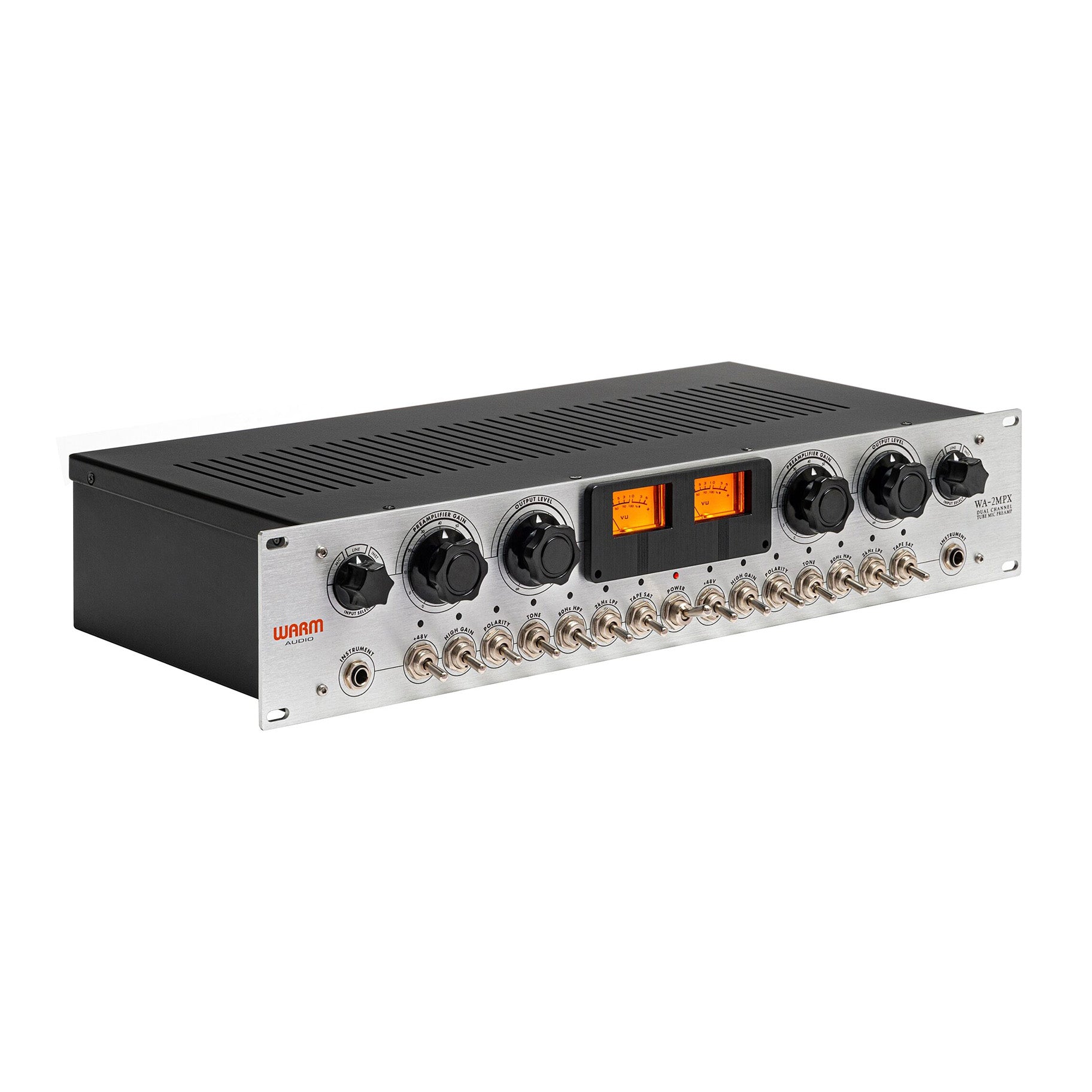 Warm Audio WA-2MPX 2-channel Tube Mic/Line/Instrument Preamp, angled view with vintage meter showing instrument input, input selector, gain and output level knobs. Also featuring switches for power, phantom power, high gain, polarity, tone, high and low pass filters and tape saturation.