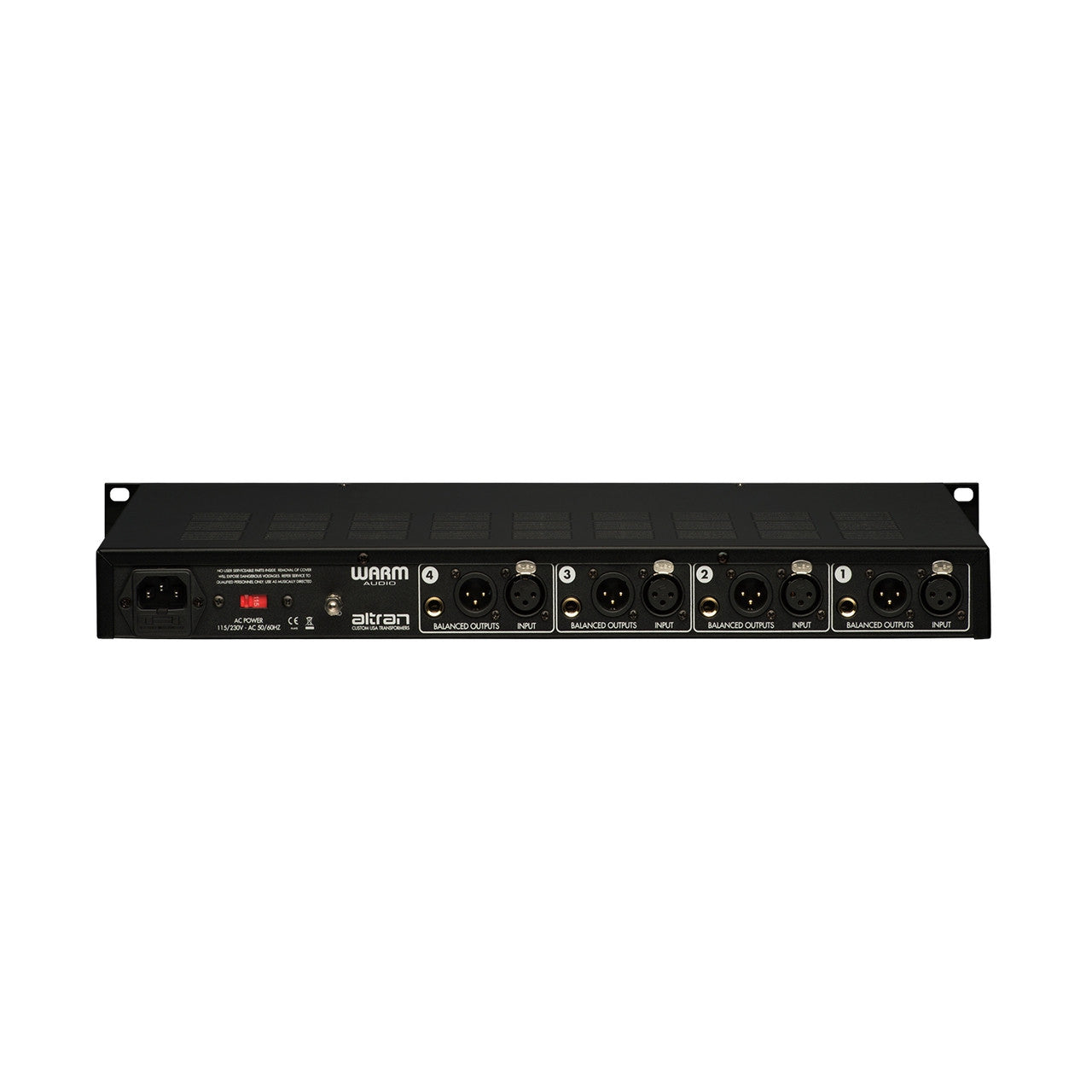 Warm Audio WA-412 4-channel Microphone Preamp, back view showing balanced outputs, inputs, power input and fuse.