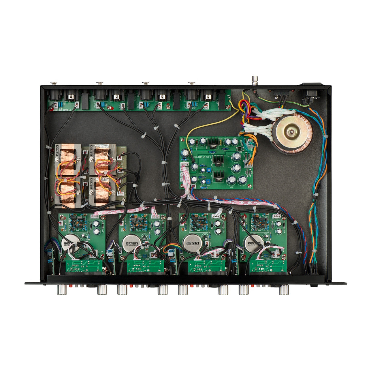 Warm Audio WA-412 4-channel Microphone Preamp, inside view showing custom Altran transformers and other components.